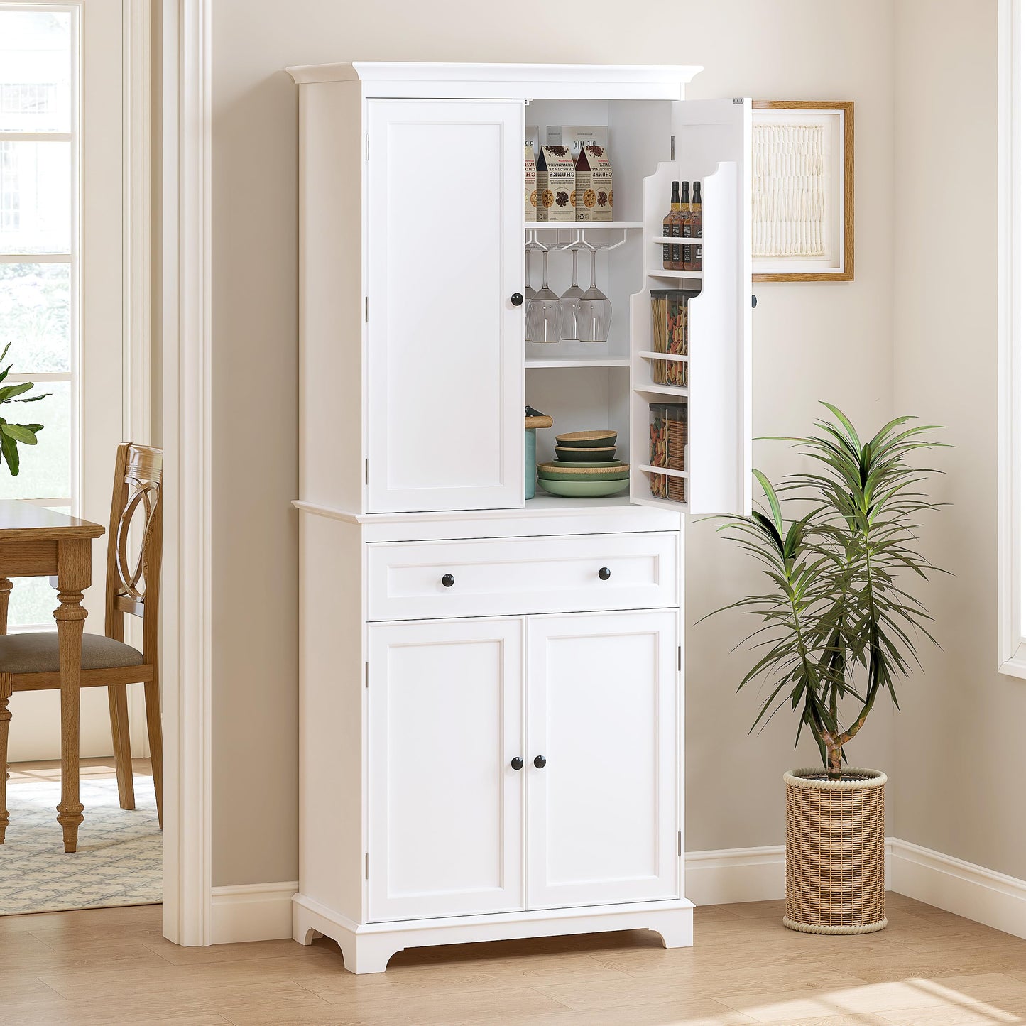 Spirich 71'' Tall Kitchen Pantry Cabinet, Wood Food Pantry Cabinet with Drawers and Wine Glass Rack, Freestanding Storage Cabinet for Kitchen, Living Room, Dining Room, White
