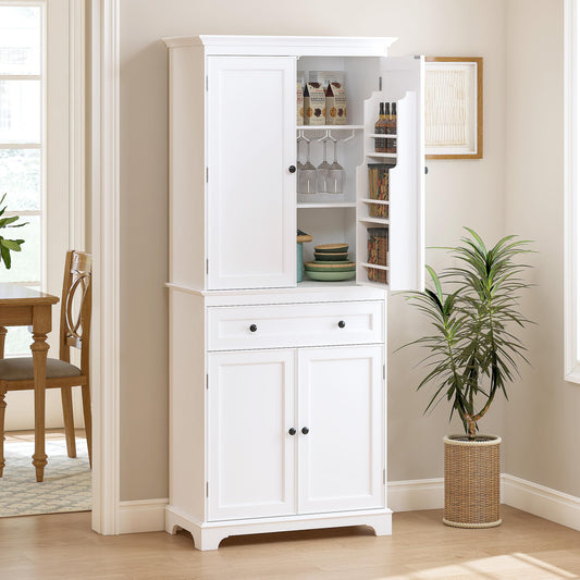 Spirich 71'' Tall Kitchen Pantry Cabinet, Wood Food Pantry Cabinet with Drawers and Wine Glass Rack, Freestanding Storage Cabinet for Kitchen, Living Room, Dining Room, White