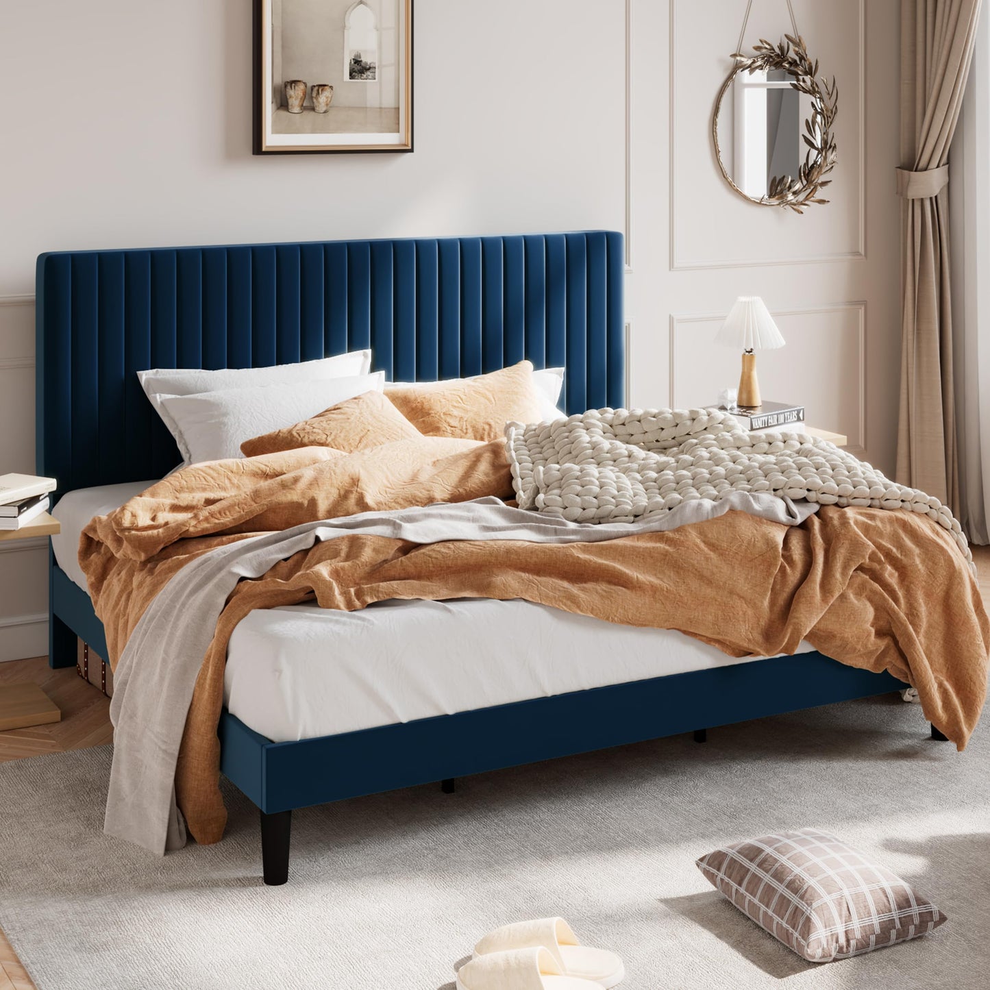 SHA CERLIN King Upholstered Platform Bed Frame with Vertical Channel Tufted Velvet Fabric Adjustable Headboard, Wooden Slats Support, Mattress Foundation, Box Spring Optional, Blue