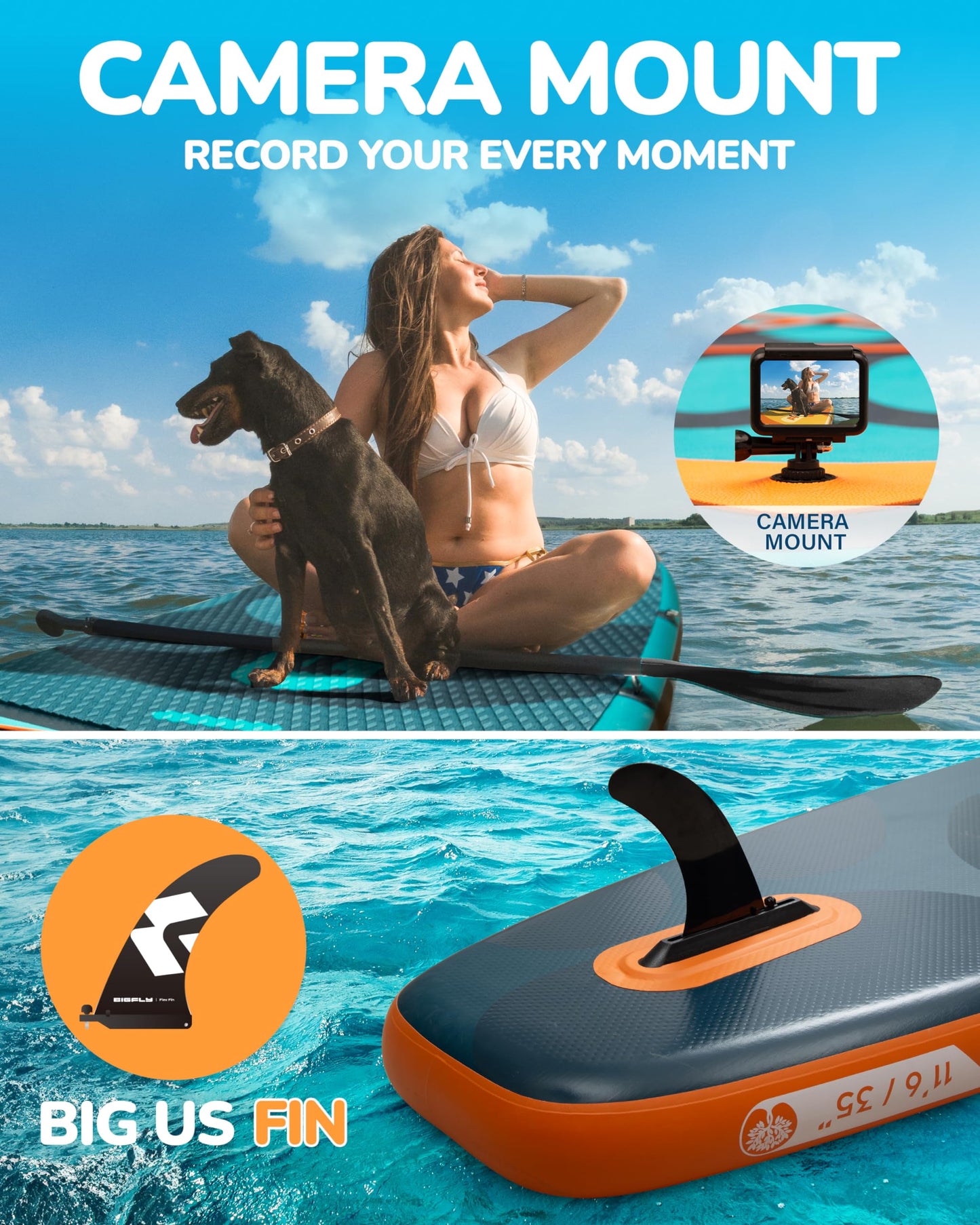 BIGFLY 11'6"x35"x6" Inflatable Stand Up Paddle Boards, Widened SUP Board for Pet Dog Family Board Independently Scratch Resistant Pet pad, Travel Leisure w/Camera Mount