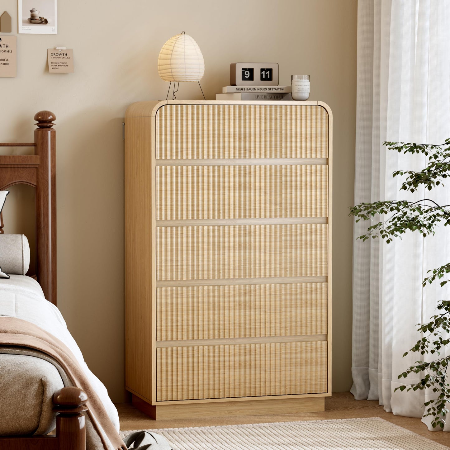Wodeer Natural Oak Dresser Fluted Tall 5 Drawer Dresser for Bedroom, Wood Chest of Drawers with Hidden Handles & Rounded Corners, Modern Storage Cabinet and Organizer Drawers for Living Room, Hallway