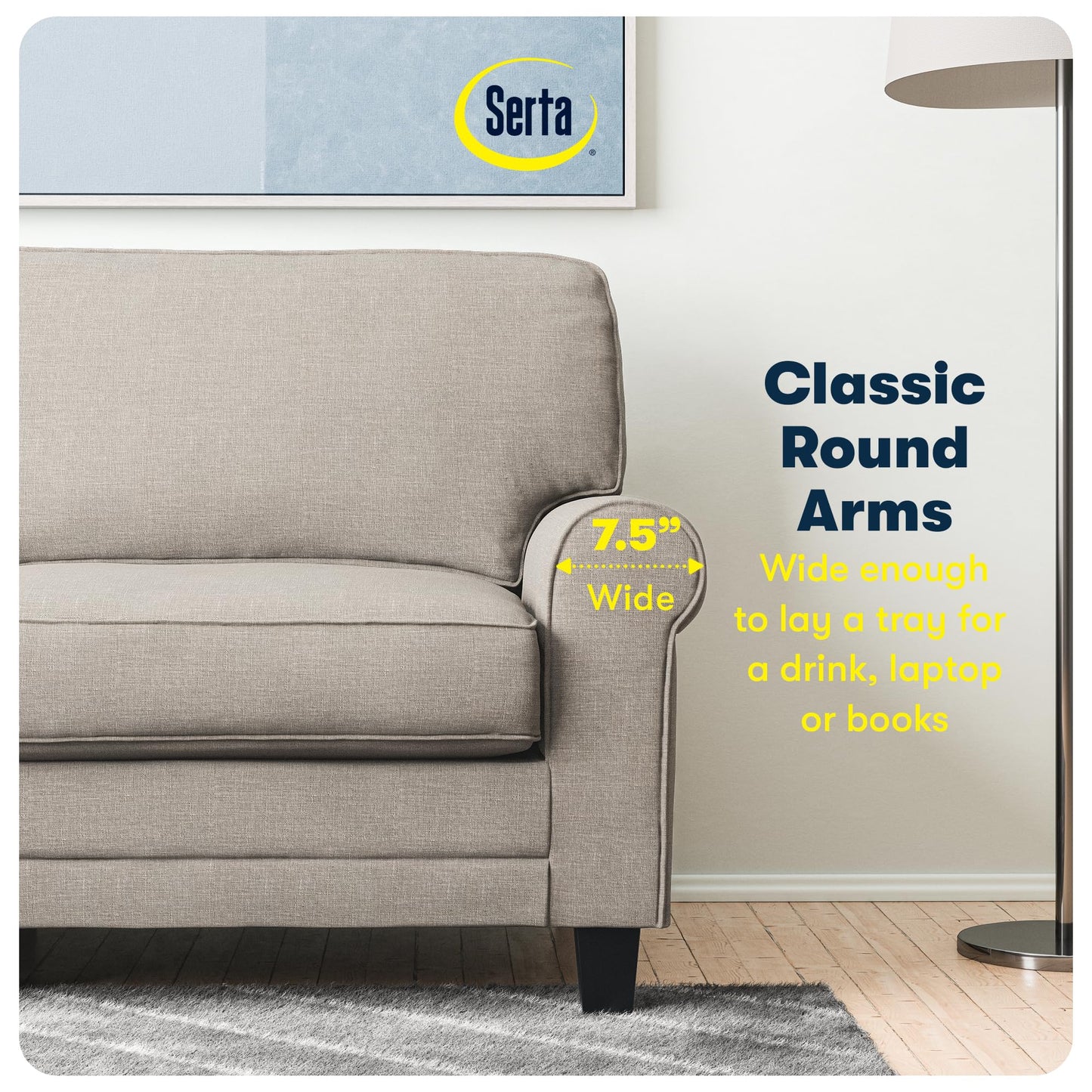 Serta Copenhagen 73" Rolled Arm Sofa, Easy Care Polyester, Soft Pillow Back, Pocket Coil Seat Cushions, Removable Covers, Loveseat or Couch for Small Spaces, Living Rooms or Bedrooms, Light Gray