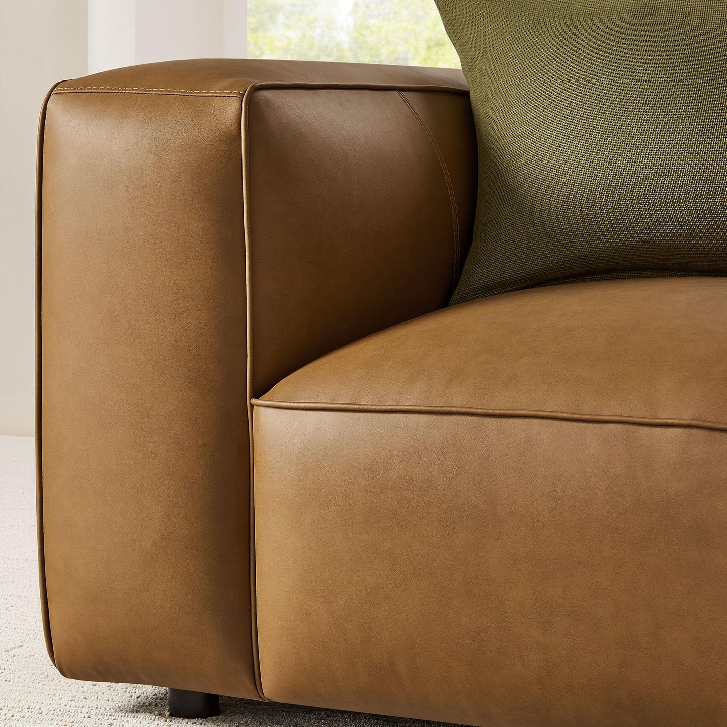 Modway Auren Vegan Leather Modular Armchair in Camel - Faux Leather Club Chair - Mid Century Modern Single Sofa Chair - Oversized PU Leather Accent Chair for Living Room or Apartment