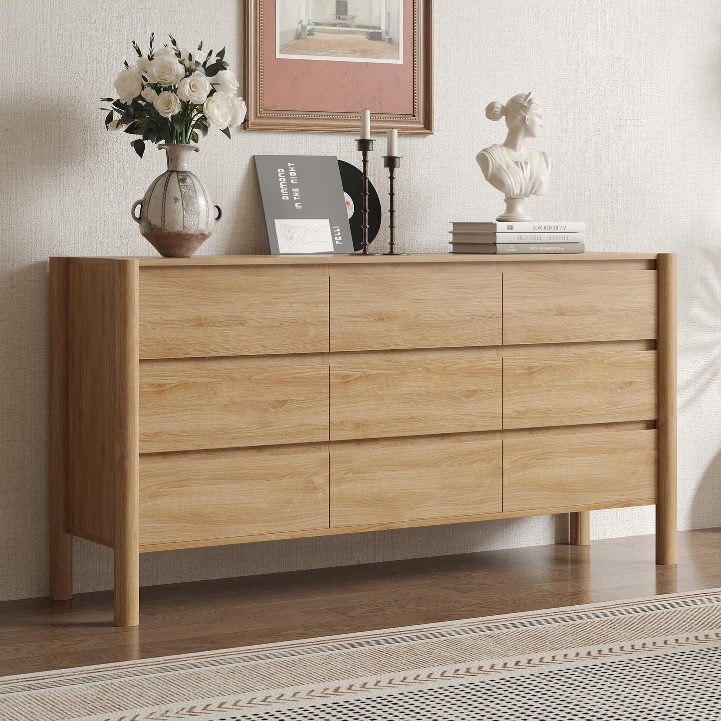 CHUWELL 63" Wide Oak Dresser for Bedroom, Mid Century Modern 9 Drawer Chest of Drawers with Hidden Handles & 4 Solid Wood Cylindrical Legs, Large Wood Storage Dresser for Bedroom