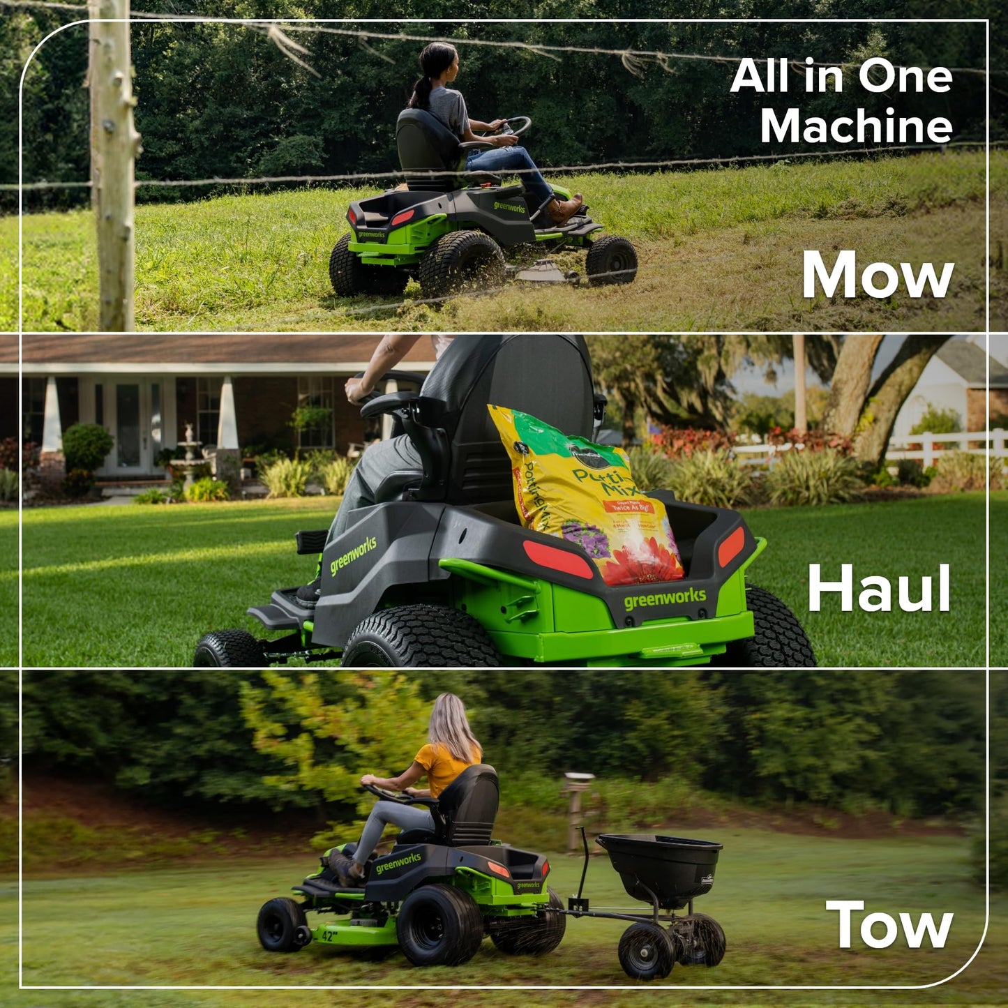Greenworks 80V 42" CrossoverT Cordless Riding Lawn Tractor, (4) 6.0Ah Batteries and 600W Charger