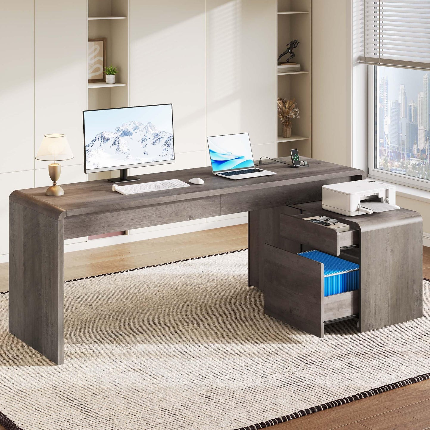 Homiflex Mid-Century Modern 78" L-Shaped Executive Desk with Independent Mobile File Cabinet, Large Home Office Desk with Drawers and 4 AC + 2 USB Power Outlets, Waterfall Edge Design, Grey Oak