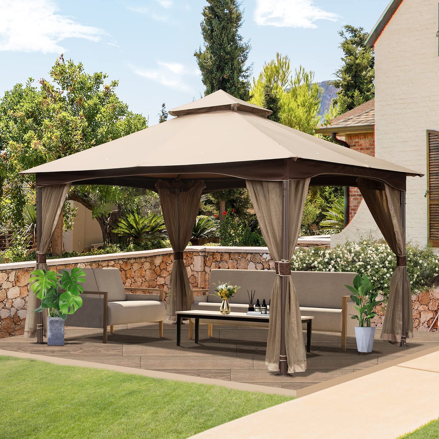 Domi 10' x 13' Outdoor Canopy with Mosquito Netting, Double Roof Soft Top Gazebo Pergola, Metal Frame Patio Shelter for Deck, Backyard, Garden, and Lawn