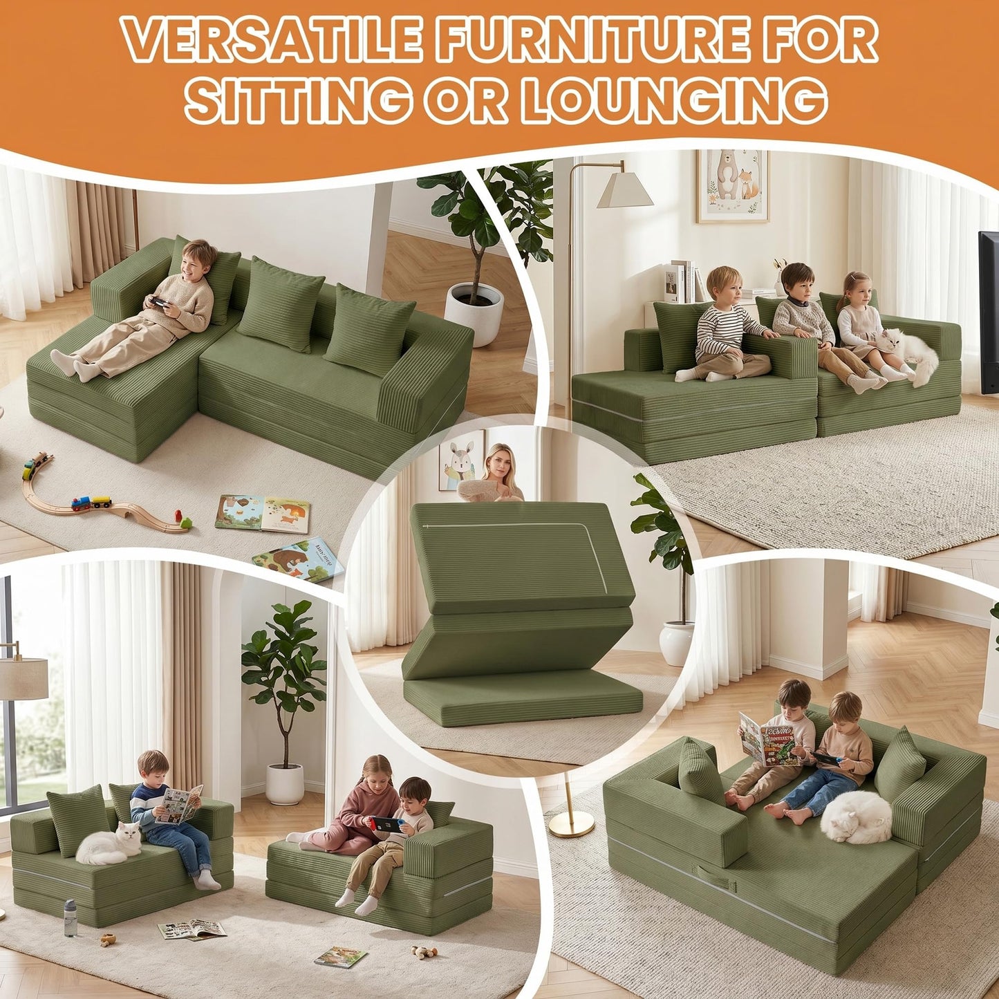 65" Modular Sectional Sofa, Boneless Convertible Sleeper Sofa Bed, Modern Tri-Folding Cloud Couch with L-Shape Chaise, Corduroy Futon Couches for Living Room Small Spaces Apartment,No Assembly,Green
