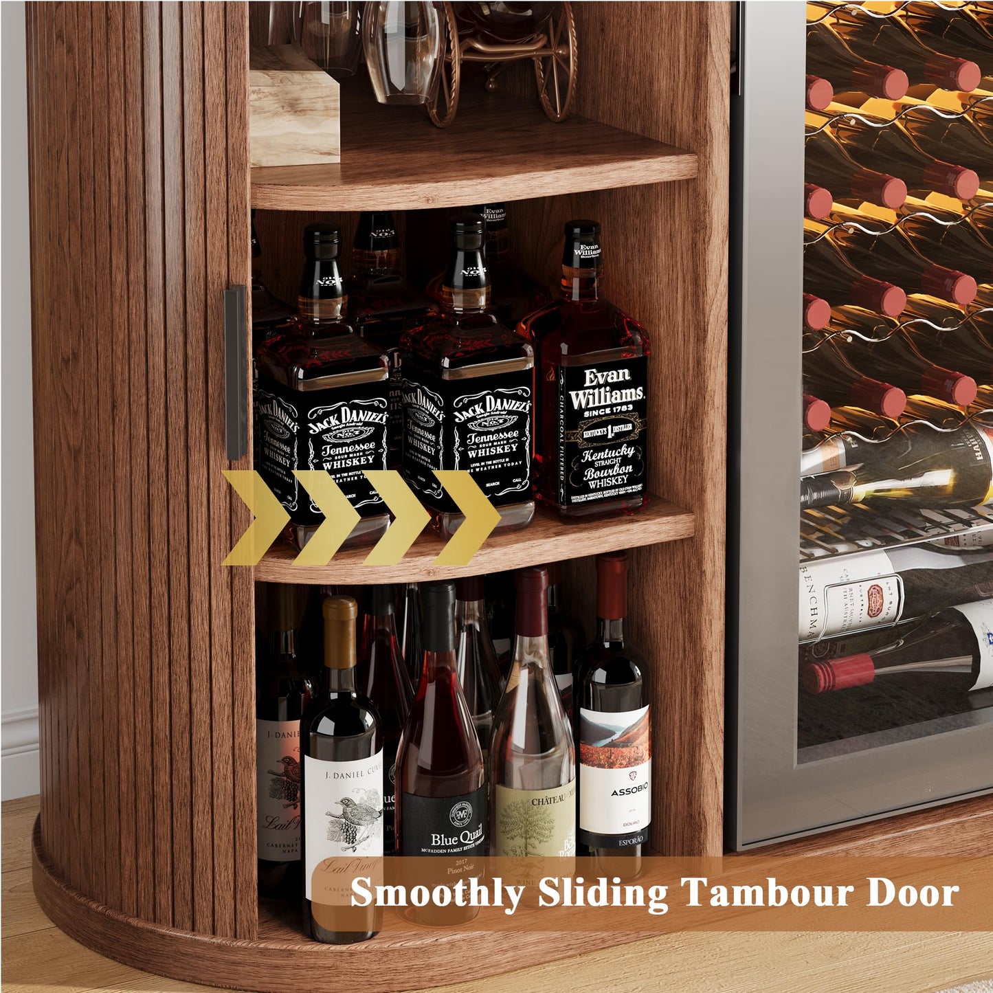 Jocoevol 53" Fluted Coffee Bar Cabinet with Sliding Doors, Wine Bar Cabinet with Charging Station & Holder, Modern Liquor Whiskey Buffet Sideboard for Dining Room, Living Room, Kitchen（Walnut）