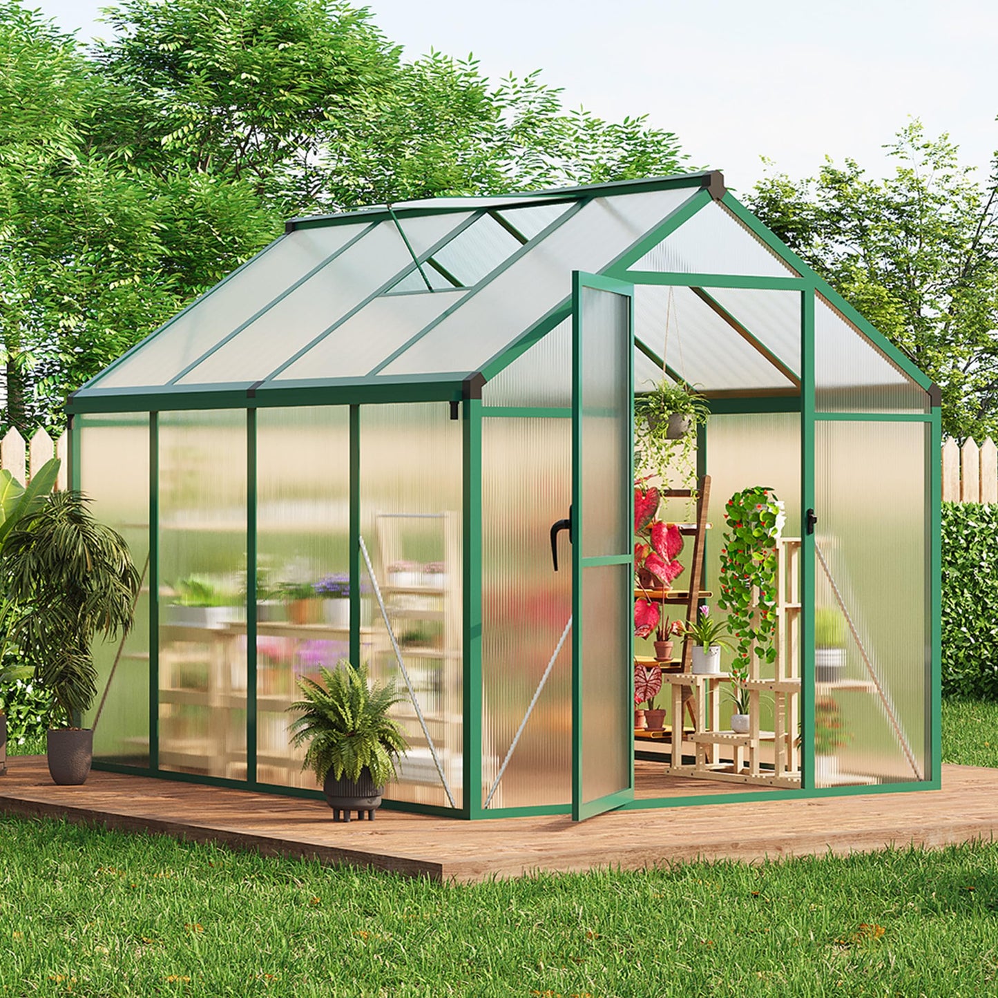 6x8 ft Walk-in Greenhouse, Polycarbonate Panels with Reinforced Aluminum Frame, Large Garden Green House for Planting and Seed Starting, Quick-Assembly Structure with Adjustable Roof Vent