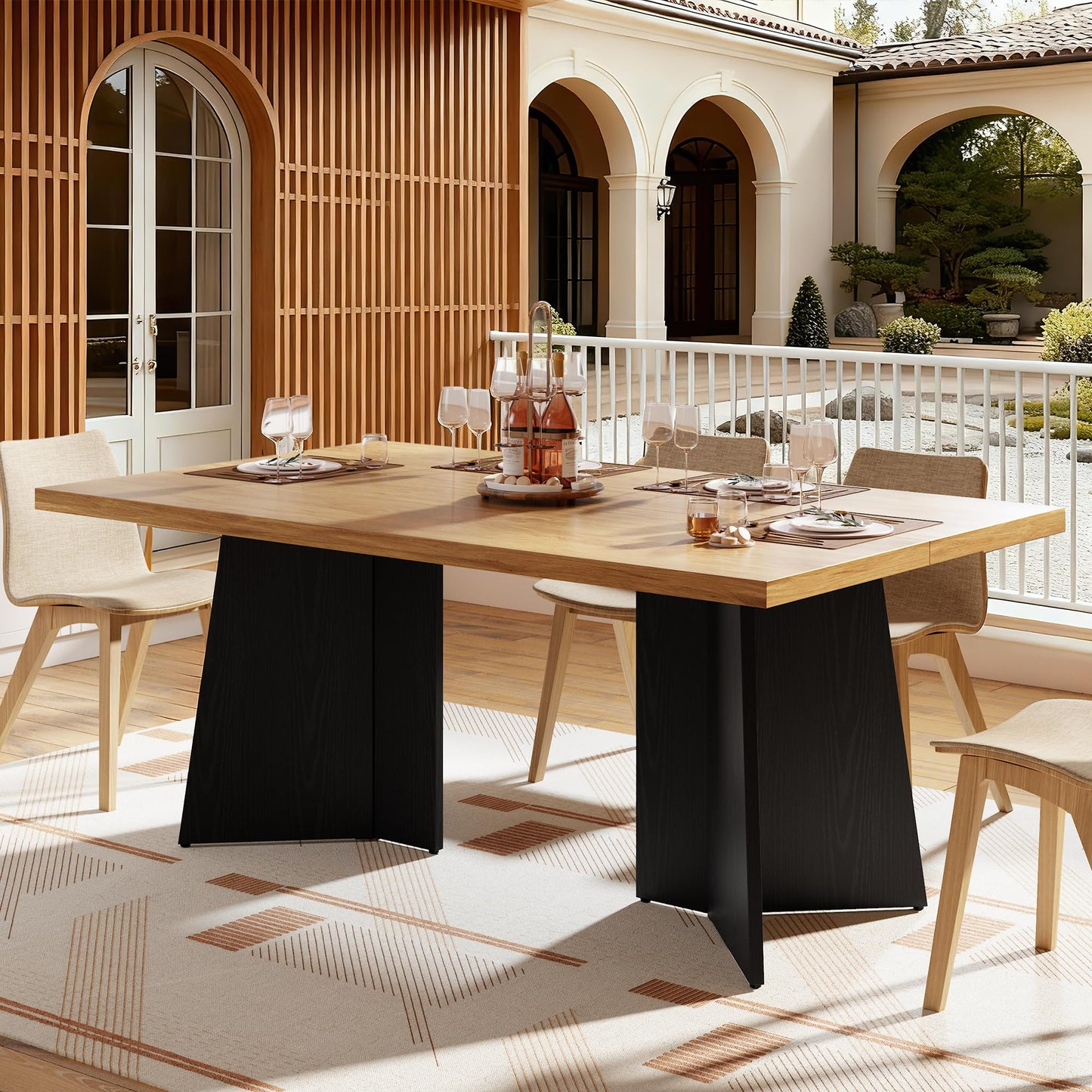 GarveeHome Dining Table for 6-8 People - 63" Modern Long Kitchen Table with Large Tabletop & Heavy Duty Pedestal Legs, Dinner Table for Kitchen, Conference Room, Home, Natural & Black