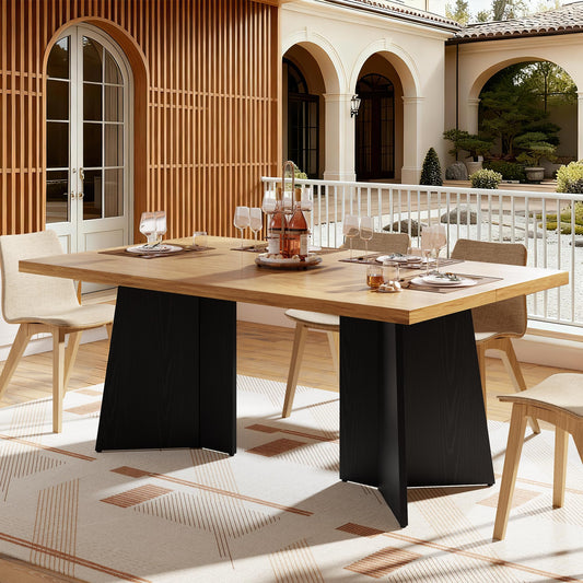 GarveeHome Dining Table for 6-8 People - 63" Modern Long Kitchen Table with Large Tabletop & Heavy Duty Pedestal Legs, Dinner Table for Kitchen, Conference Room, Home, Natural & Black