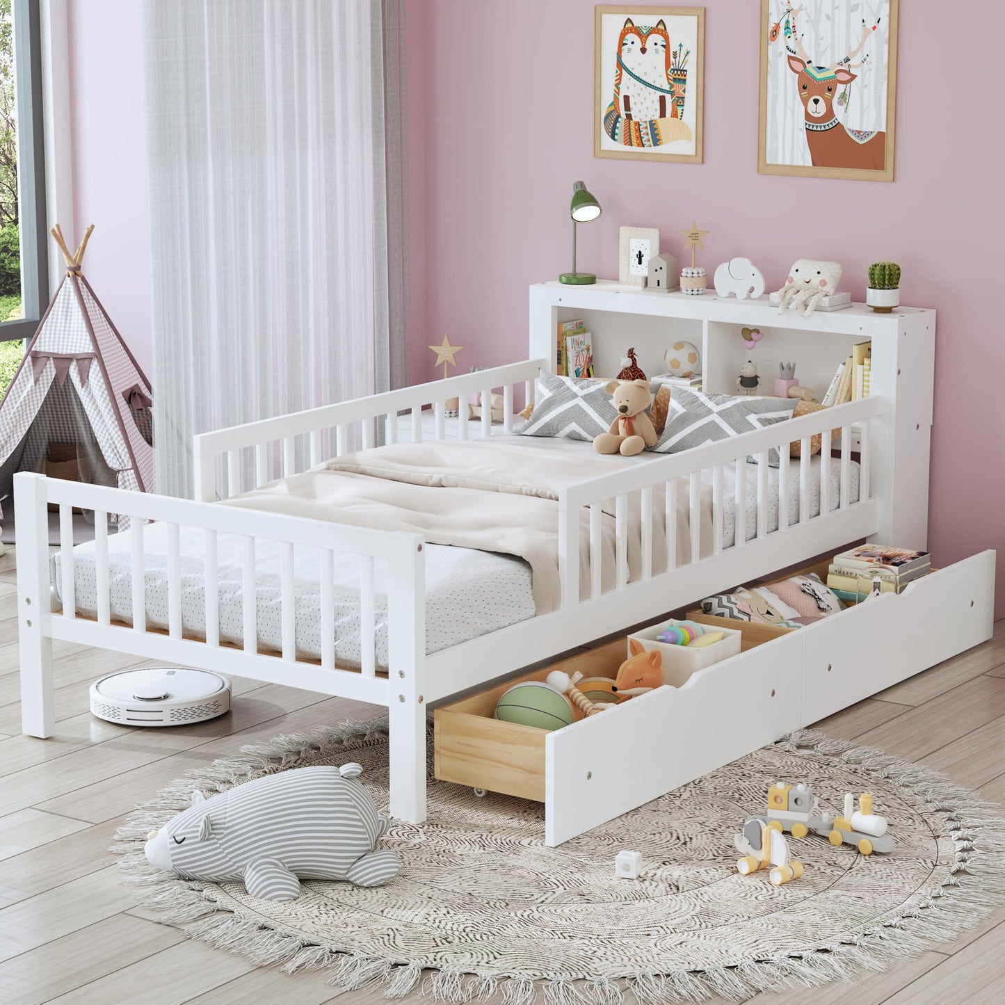 Merax Twin Size Platform Bed with Storage Headboard and Two Under-Bed Drawers, Solid Wood Bed Frame & Three-Side Safety Guardrails for Bedroom, Guest Room, No Box Spring Needed, Easy Assembly, White