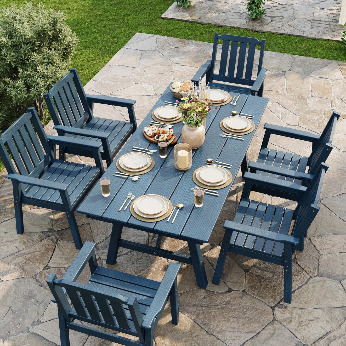 Garvee Outdoor Patio Dining Table Set for 6, 7 Piece Outdoor HDPE Dining Furniture Set with Umbrella Hole, Aluminum Frame, All-Weather Garden Table and 6 Chairs for Backyard Poolside, Navy Blue