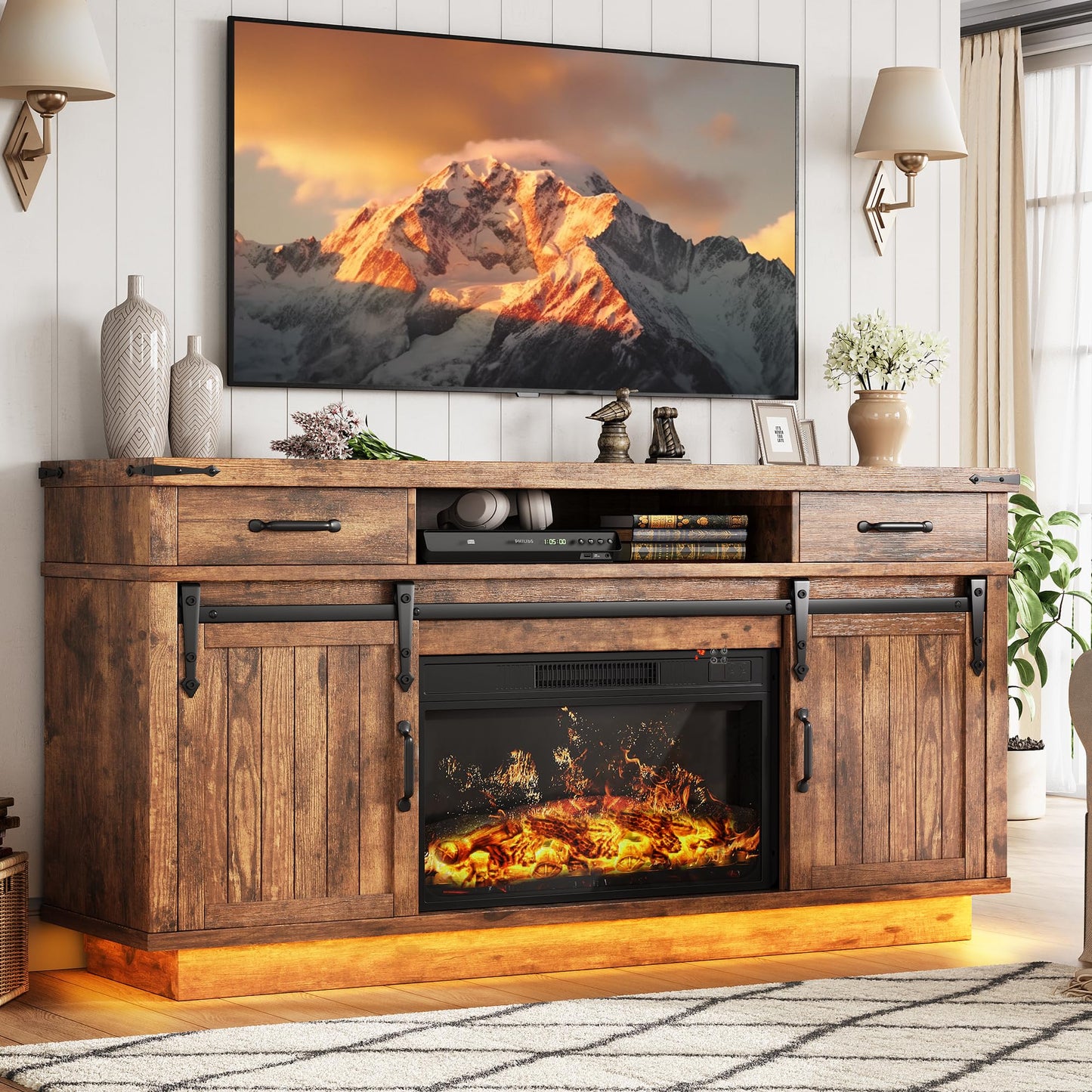 Jocoevol 58" Farmhouse Electric Fireplace TV Stand for TVs up to 65", Entertainment Center with 2 Large Storage Drawers, Sliding Barn Doors, Adjustable Shelves, TV Console for Living Room - Brown