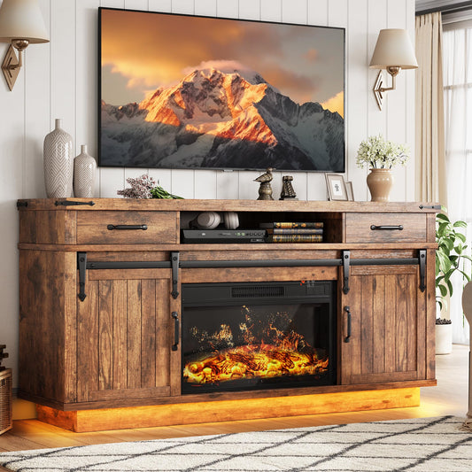 Jocoevol 58" Farmhouse Electric Fireplace TV Stand for TVs up to 65", Entertainment Center with 2 Large Storage Drawers, Sliding Barn Doors, Adjustable Shelves, TV Console for Living Room - Brown