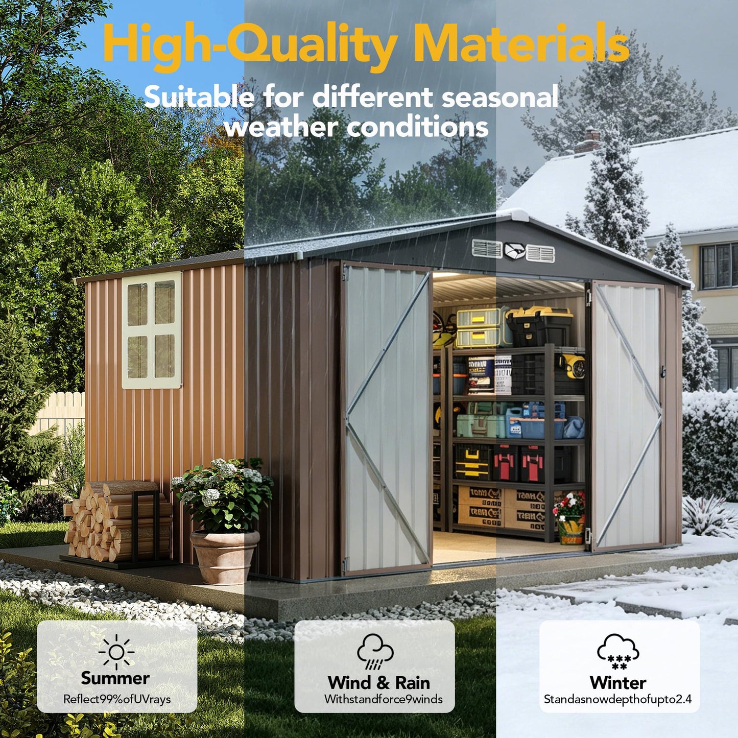 OneBlis 10x8FT Outdoor Storage Shed, Tool Shed with Sloping Roof and Lockable Door, Galvanized Metal Shed for Backyard Garden Patio Lawn, Brown