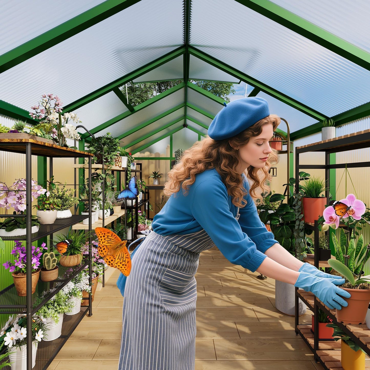 6x10 FT Greenhouse, Outdoor Sliding Door, Polycarbonate Greenhouse with Aluminum Frame, Lockable Door and Ajustable Roof Vent for Backyard, Outside Garden Backyard, Patio, Green