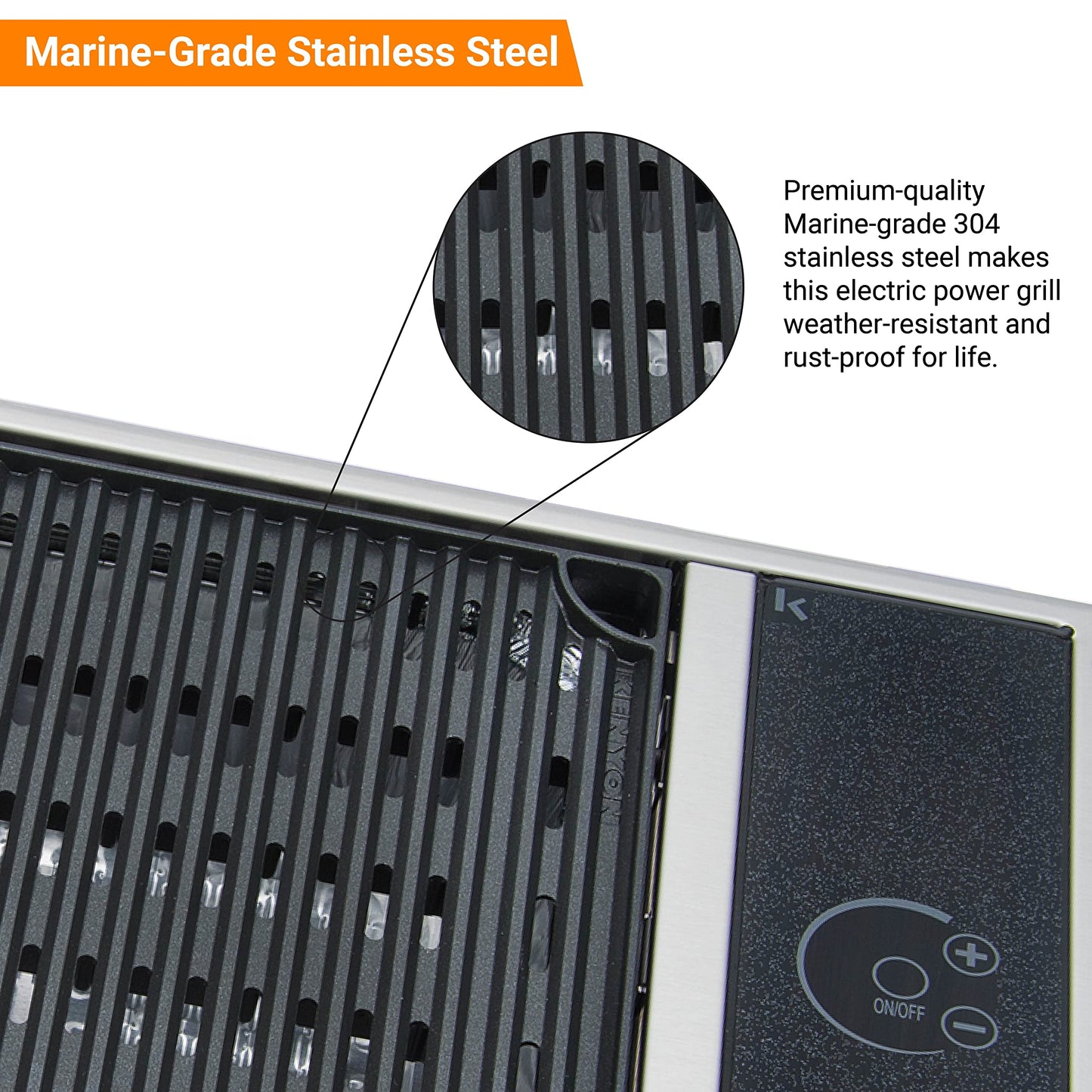 Kenyon No-Lid Built-In Electric Grill, Stainless Steel Grill With Single Burner, Quick Heat Up, Digital Touch Panel, UL-Approved For Indoor And Outdoor Use, Dishwasher Safe Grate, 120V