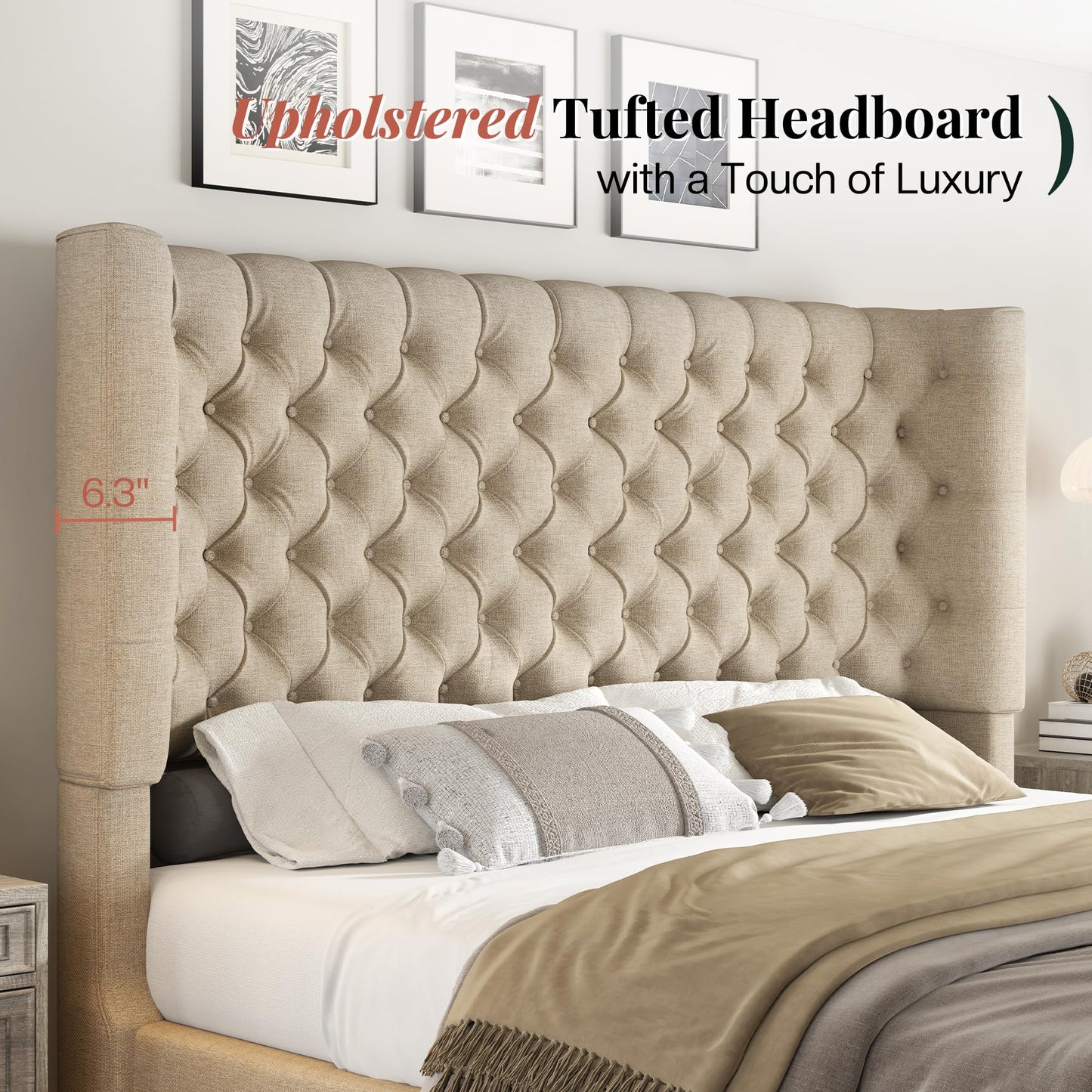 Jocisland Queen Size Upholstered Bed Frame with 6.3-Inch Curved Wingback Headboard, Tufted Footboard, Wood Slats, No Box Spring Needed, Khaki Linen