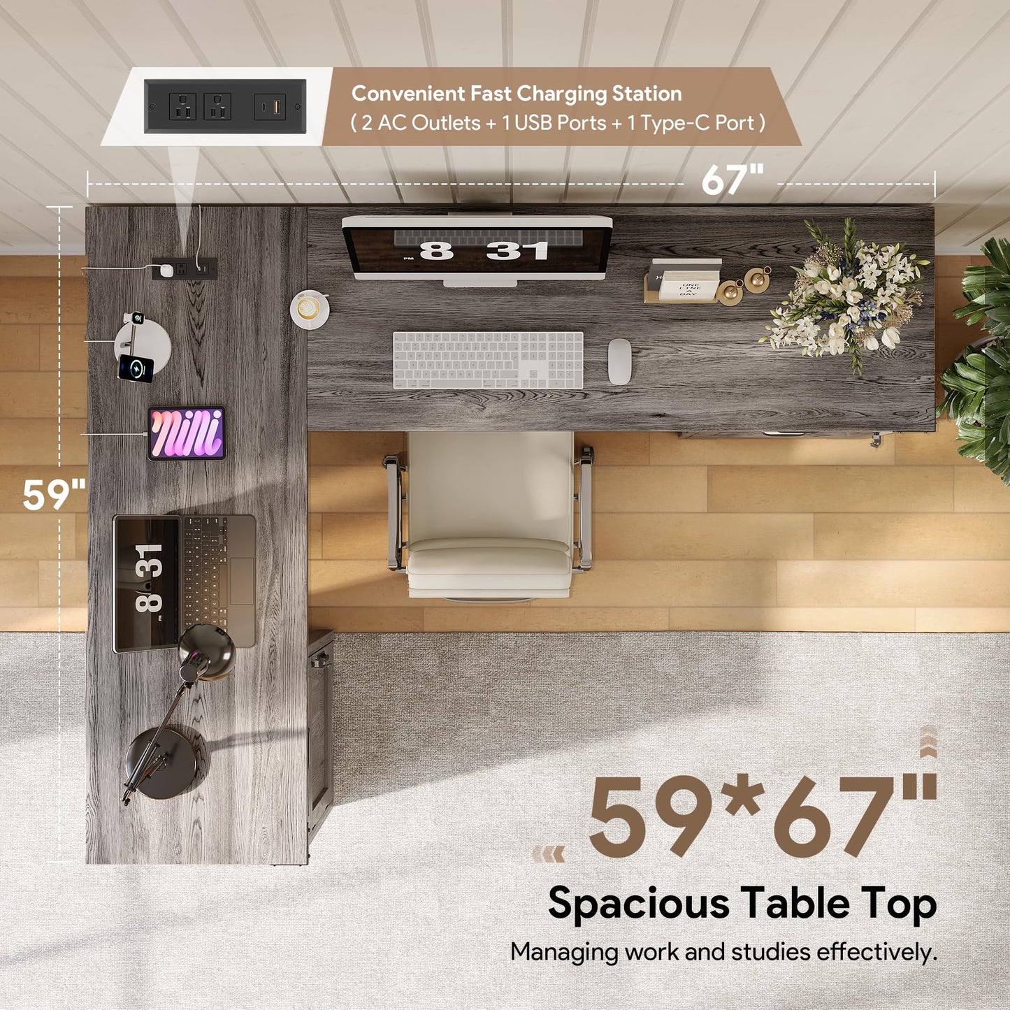 Decofy L Shaped Farmhouse Executive Desk with Drawers, 67" Home Office Desks with Fast Charging Station, Lockable File Cabinet, Wood Writing Computer Desk for Work, Study, Grey