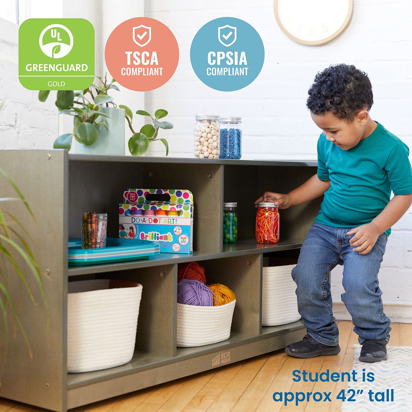 ECR4Kids 5-Compartment Mobile Storage Cabinet, Toddler, Classroom Furniture, Grey Wash