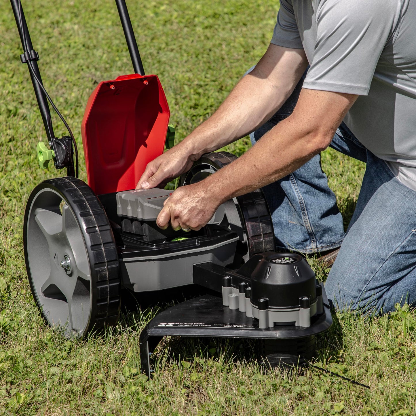 Earthquake 60V Walk Behind String Mower, Includes Two 4Ah Batteries, 22” Cutting Diameter, Three Cutting Speed Dial, 14” Never-Go-Flat Wheels, Easy Assembly, Adjustable Handlebar, Model #44965