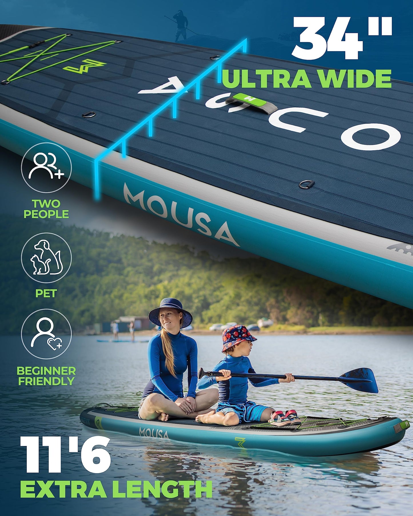 MOUSA 11'6''×34" Extra Wide Inflatable Stand Up Paddle Board, Stable Long SUP for 2 People/Family, Shoulder Strap, 5 Handles, 100L Backpack, All-Round Sup Board, 3 Removeable Fin