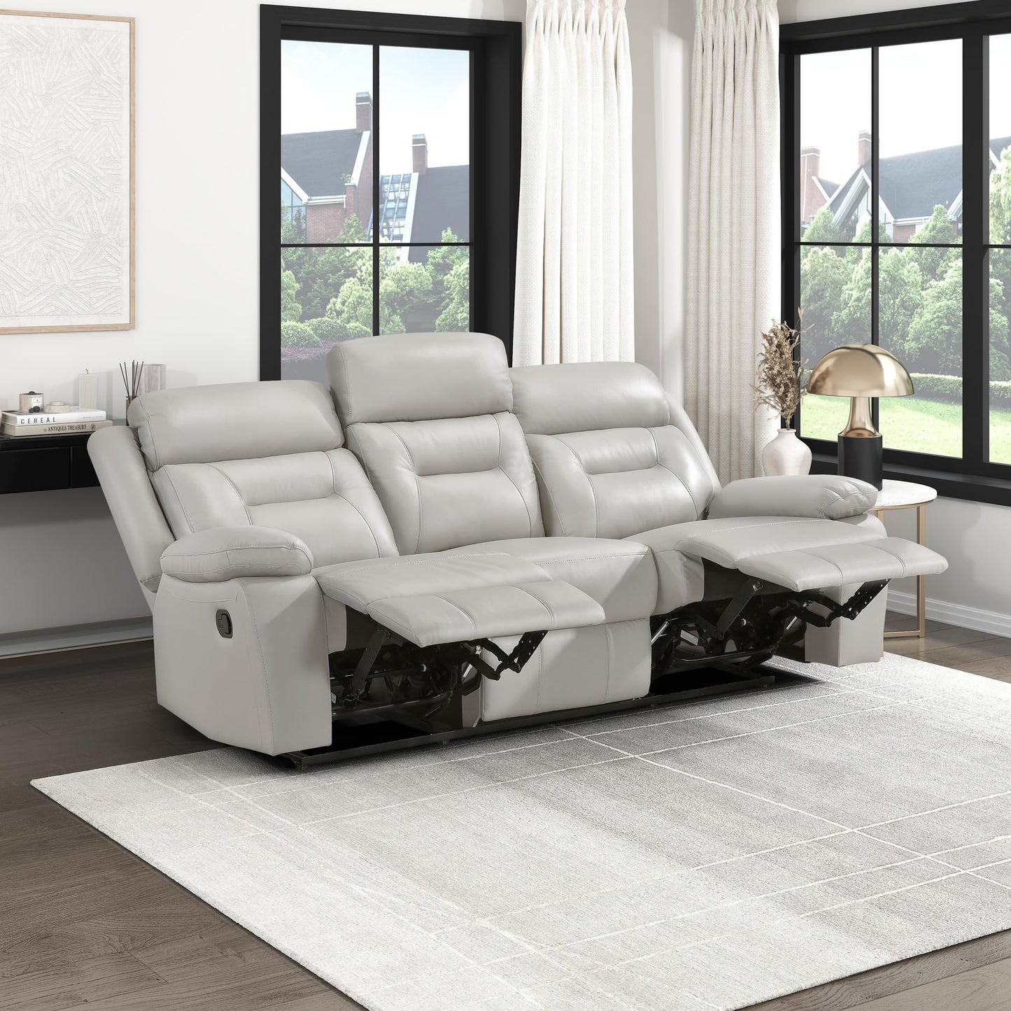 Lexicon Reclining Sofa for Living Room, Double Recliner RV Couch, Manual Wall Hugger Recliner, Home Theater Seating Leather Match Reclining Sofa with Pillow Top Armrests, 87''W Couch, Silver