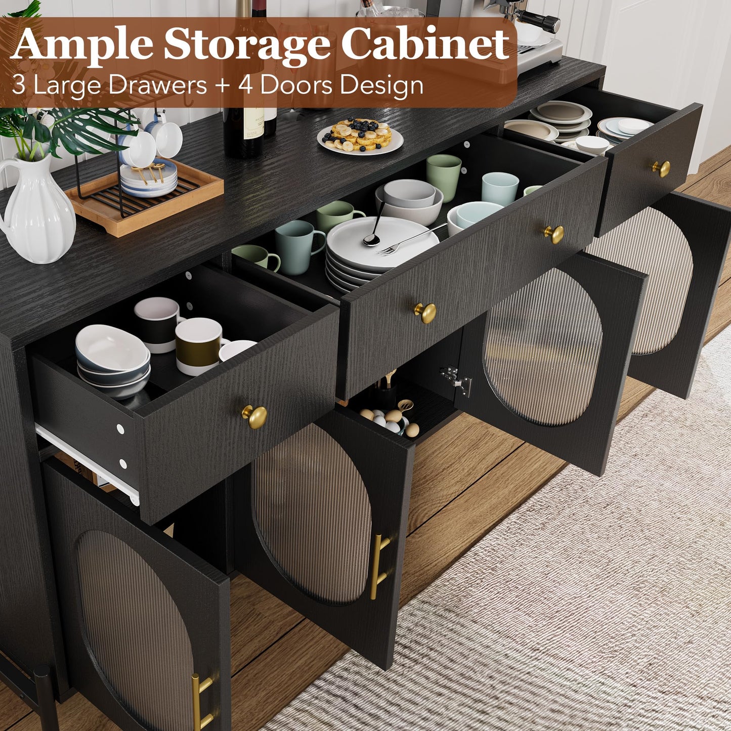 MERXENG 62 in Sideboard Buffet Cabinet with 4 Doors & 3 Drawers, Modern Storage Cabinet with Adjustable Shelves, Accent Buffet Table Coffee Bar for Kitchen, Living Room, Black
