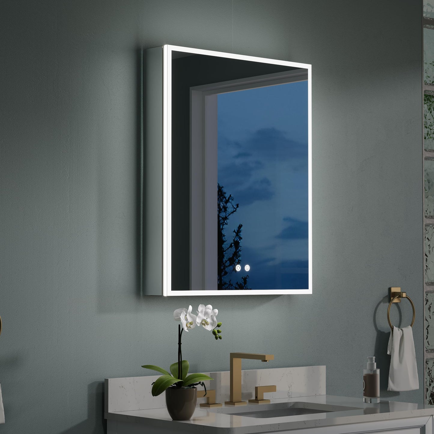 WELLFOR 24" X 30" Medicine Cabinet With Lights, 3X Magnification, Anti-Fog Mirrored Cabinet, Bathroom Vanity With Outlets & USB Ports, Left Opening Door