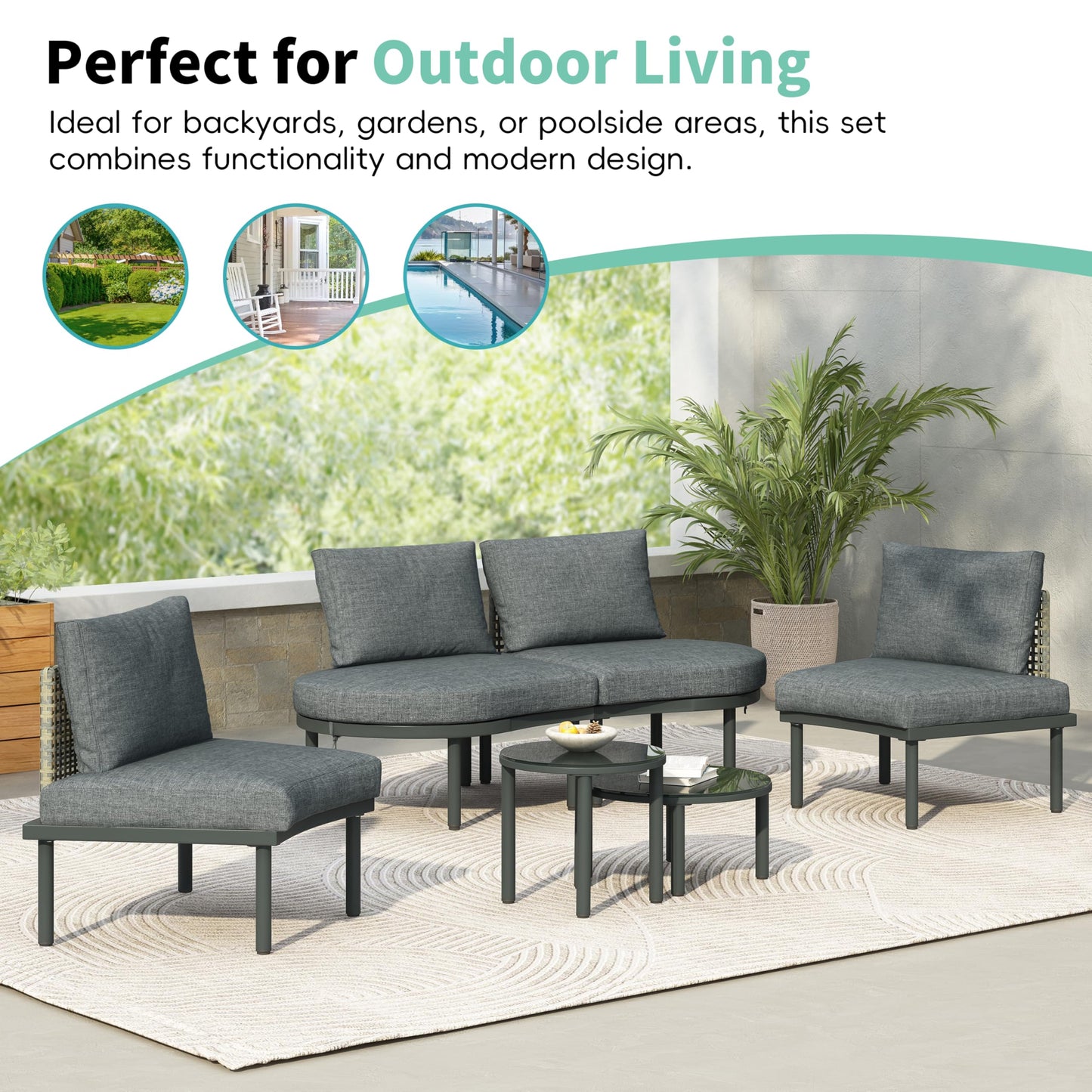 YOPTO 6-Piece Patio Sofa Furniture Set,Half Moon Outdoor Sectional Sofa with 2 High-Low Coffee Tables and Tempered Glass,PE Wicker Rattan Chair w/ 4 Pillows & Cushions,Furniture for Poolside,Gray