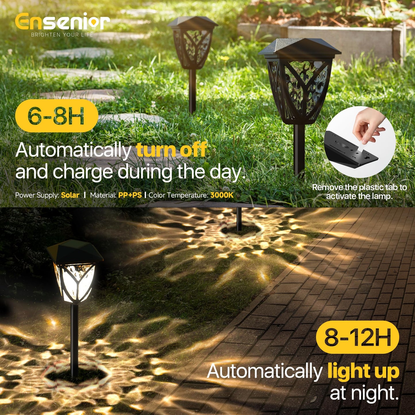 Ensenior Solar Garden Lights - 3000K LED, Waterproof, Black, 6-Pack, Model CP1-9CM-30K-06-BL-ZY-M02