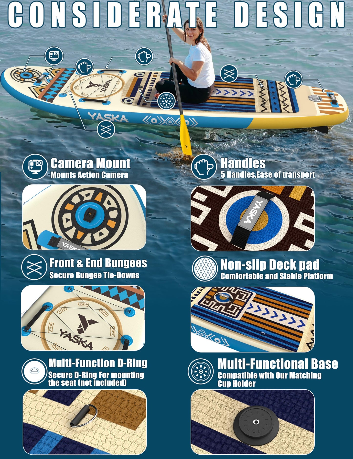 YASKA Inflatable Stand up Paddle Board 11ft with Premium SUP Accessories,Extra Wide Design Non-Slip Paddleboard for Beginner Adults Advenor Yoga Fishing