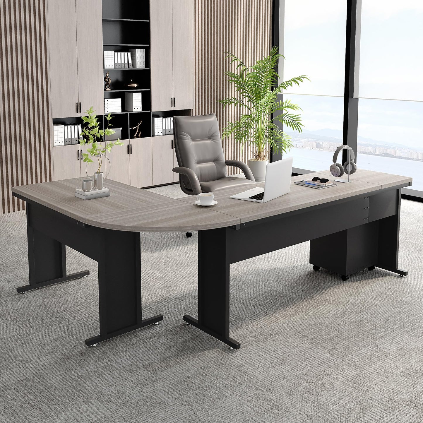 Tribesigns 83" L-Shaped Executive Desk, Large Office Desk with Drawes, Industrial Corner Computer Table with File Cabinet, Business Workstation for Home Office (Gray, 83")