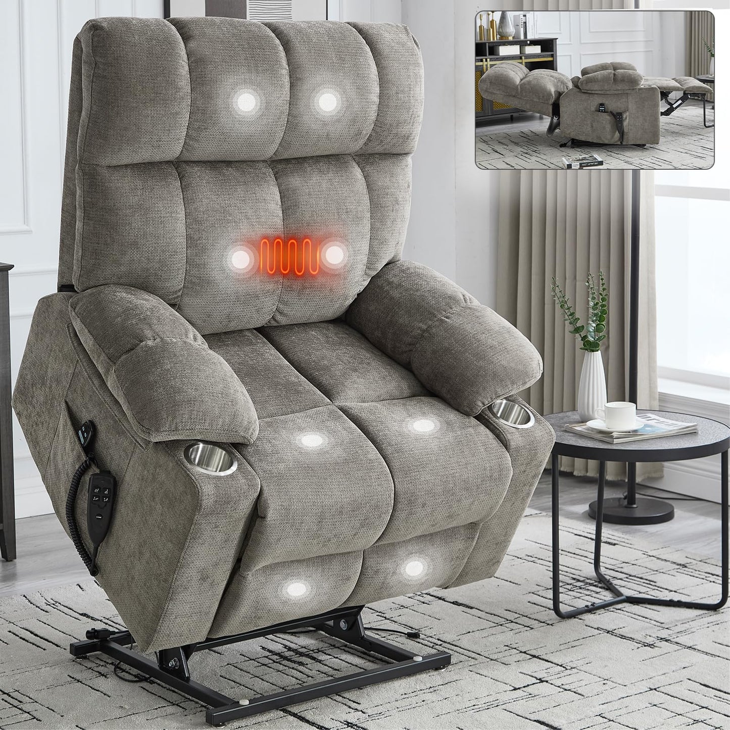 KEIKI Large Dual Motor Power Lift Recliner Chair for Adult, Chenille Upholstery Breathable Rocking Chair with Back Massager and Heated with Cup Holders, Famliy Daily Rest and Living Room Comfy, Brown