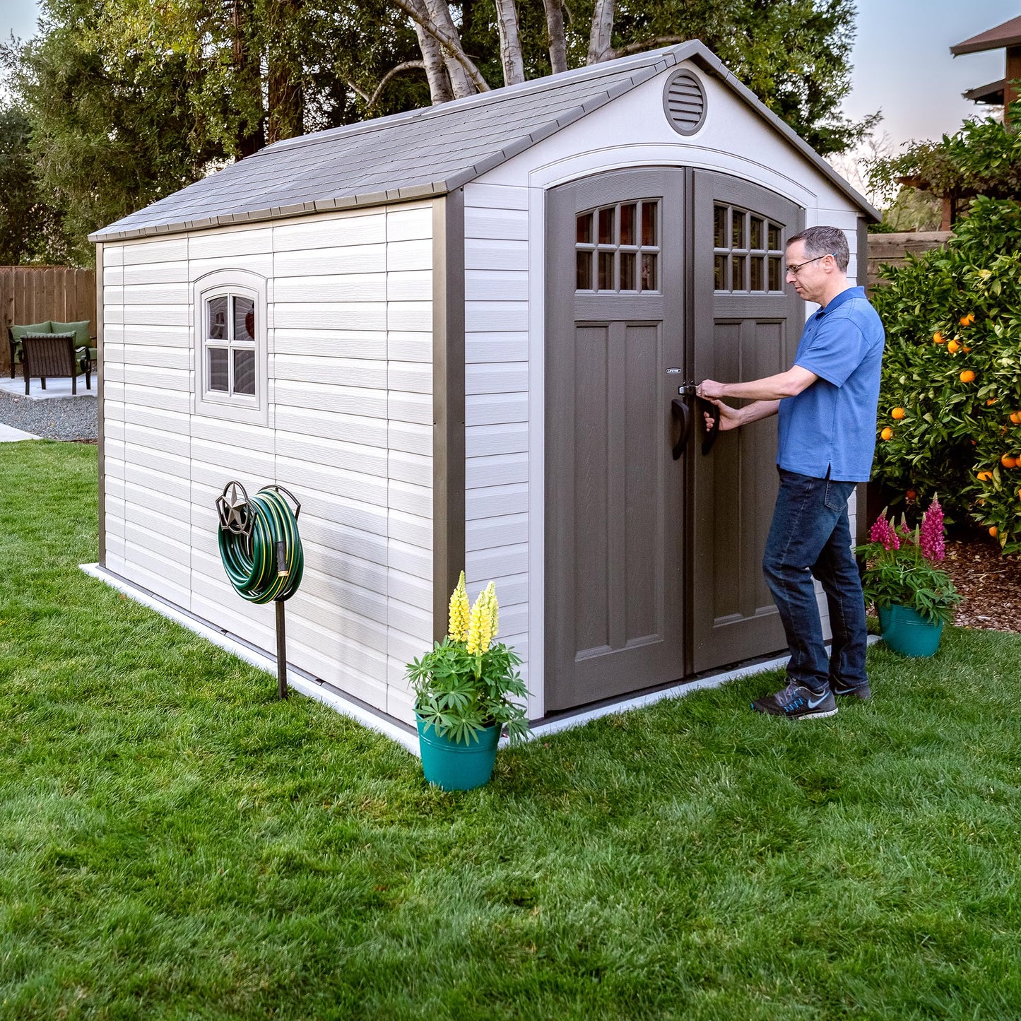 Lifetime 8 x 10 Ft Outdoor Storage Shed, Dual-Wall HDPE Construction, Steel-Reinforced, Skylight and Window, Lockable Doors, Vents, UV-Protected, Desert Sand