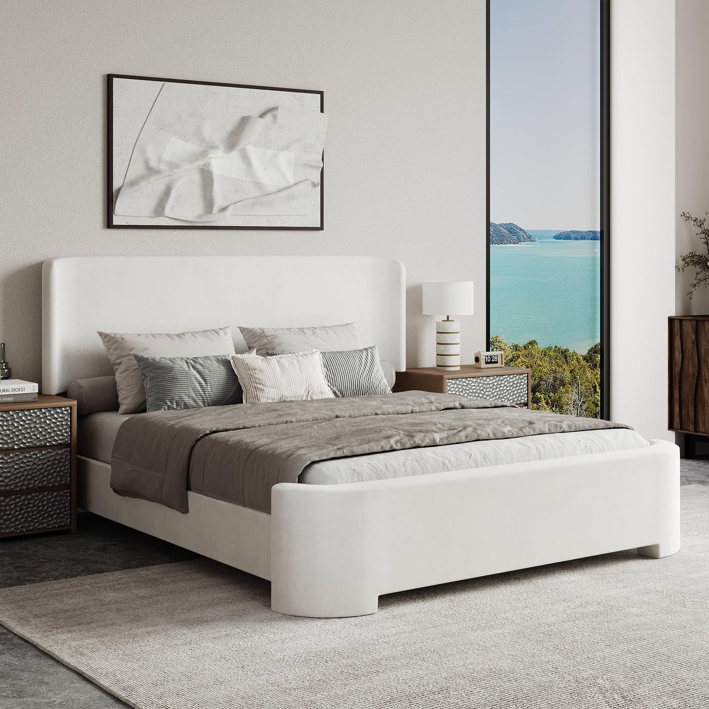 BarnFurin Full Size Bed Frame with Wingback Headboard, Velvet Upholstered Platform Bed with Headboard and Footboard, Quiet & Stable Support, Easy Assembly, No Box Spring Needed, White