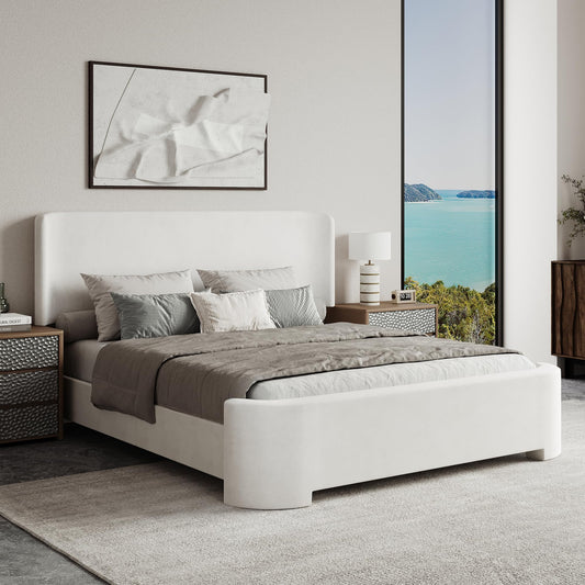 BarnFurin Full Size Bed Frame with Wingback Headboard, Velvet Upholstered Platform Bed with Headboard and Footboard, Quiet & Stable Support, Easy Assembly, No Box Spring Needed, White