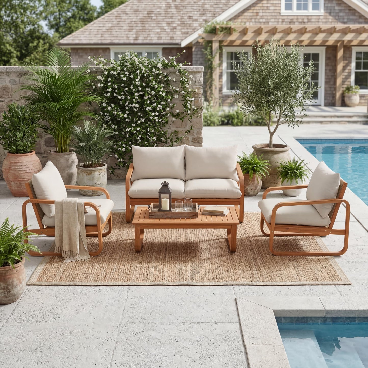 Merax Outdoor 4-Piece Acacia Wood Conversation Set - Patio 2-Seat Loveseat Sofa w/Cushion, 2 Armchair and Square Coffee Table for Backyard, Lawn, Balcony, Beige + Natural