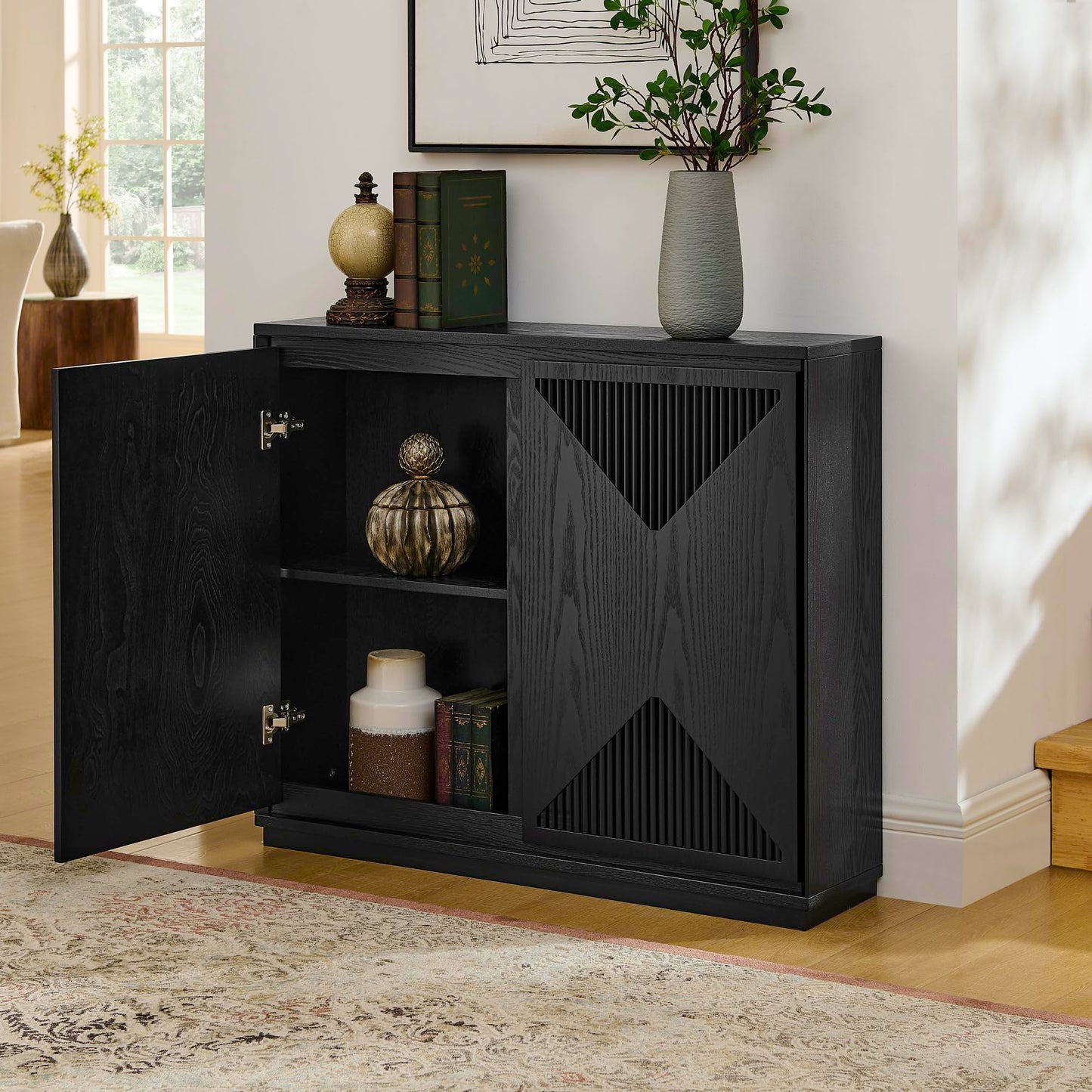 KEIKI 39" Mid Century Modern V-Shape Storage Cabinet, Buffet Cabinet with Storage, Narrow Side Cabinet with Outlet Holes for Living Room Entryway Hallway Kitchen, Coffee Bar, Black