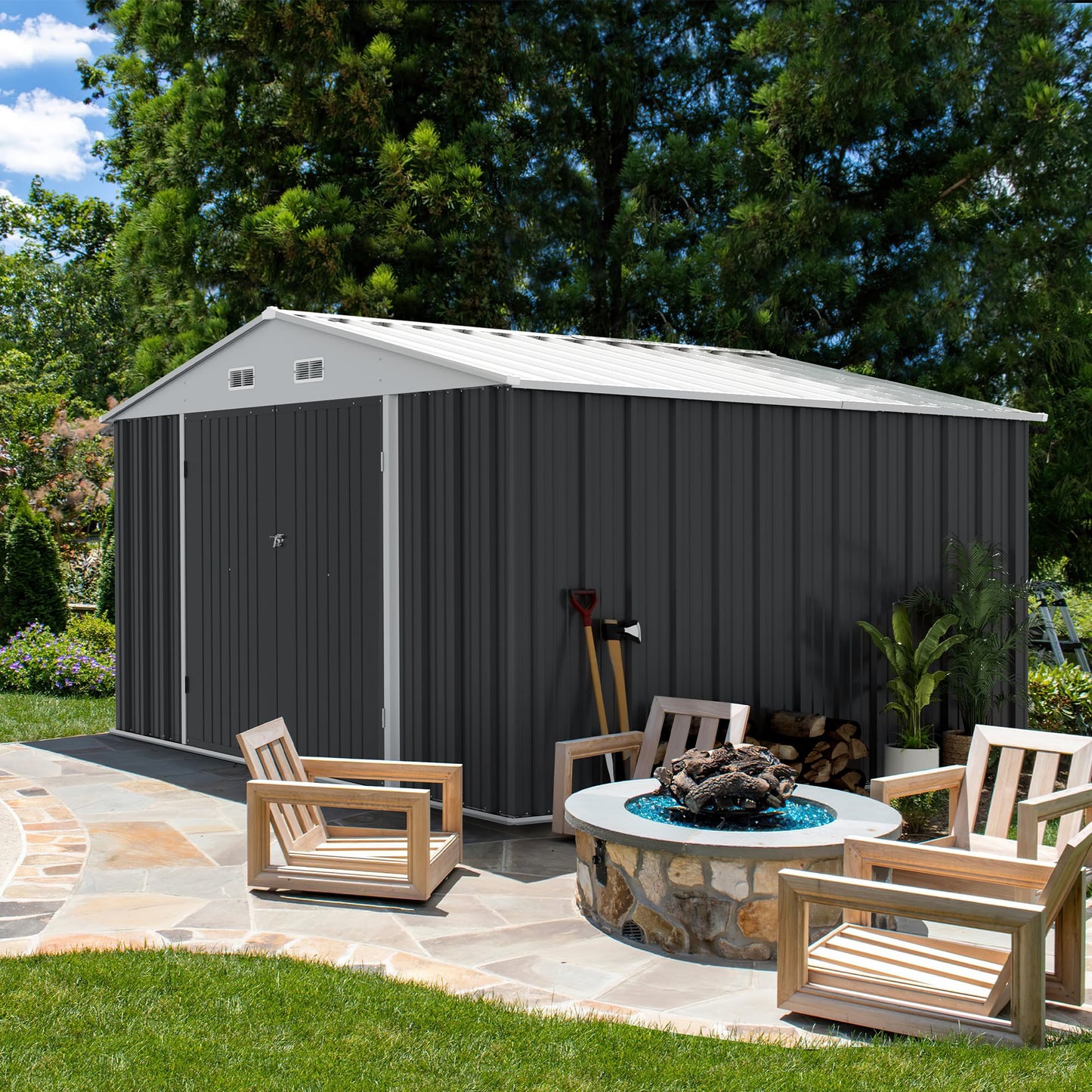 Devoko 10 x 8 FT Outdoor Storage Shed, Metal Garden Sheds & Outdoor Storage Clearance, Large Tool Shed Outdoor with Single Lockable Door for Patio Lawn Backyard (Gray)