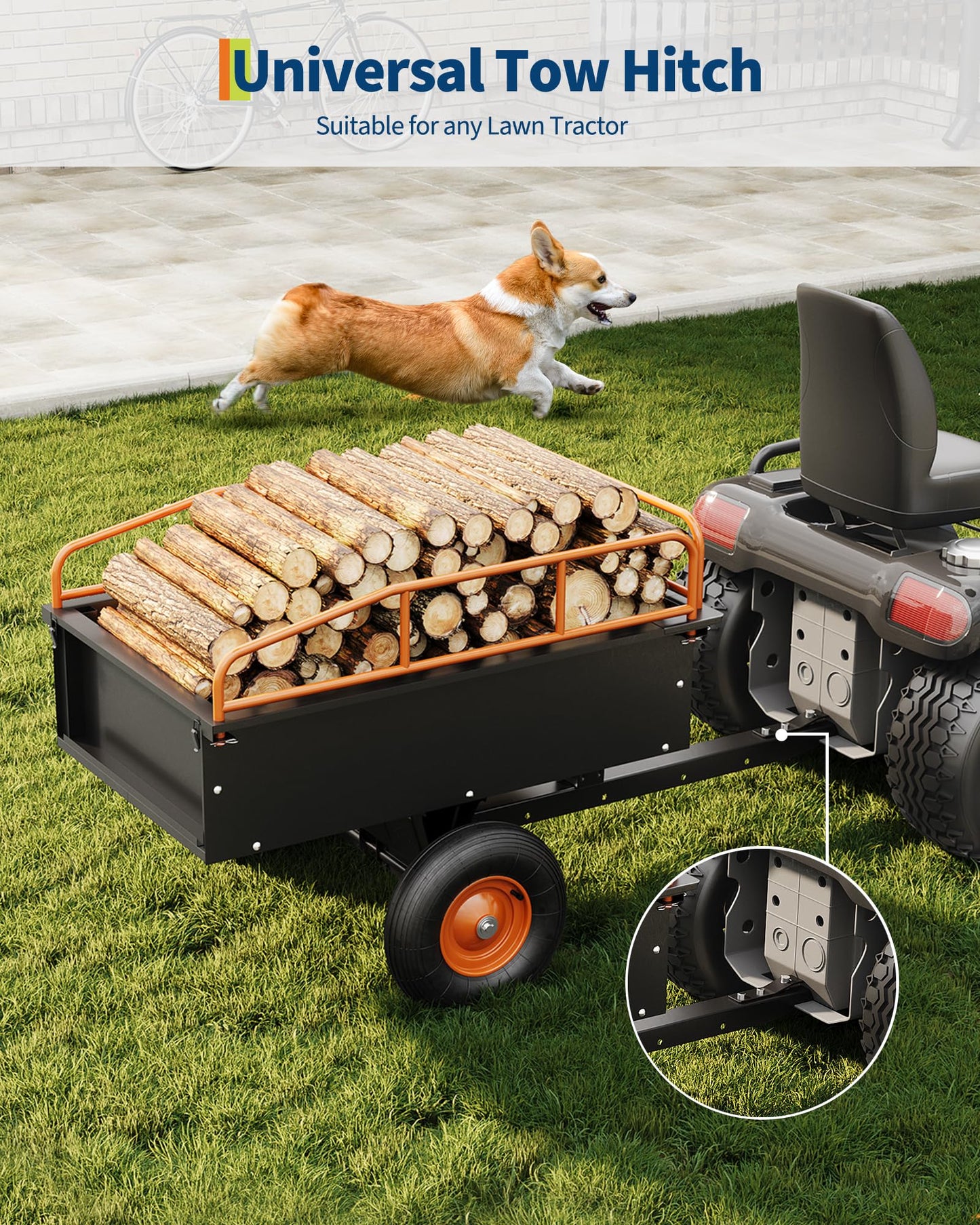 GarveeLife Heavy Duty ATV Trailer Steel Dump Cart, 750 LBS 15 Cubic Feet, Garden Utility with Removable Sides for Riding Lawn Mower Tractor