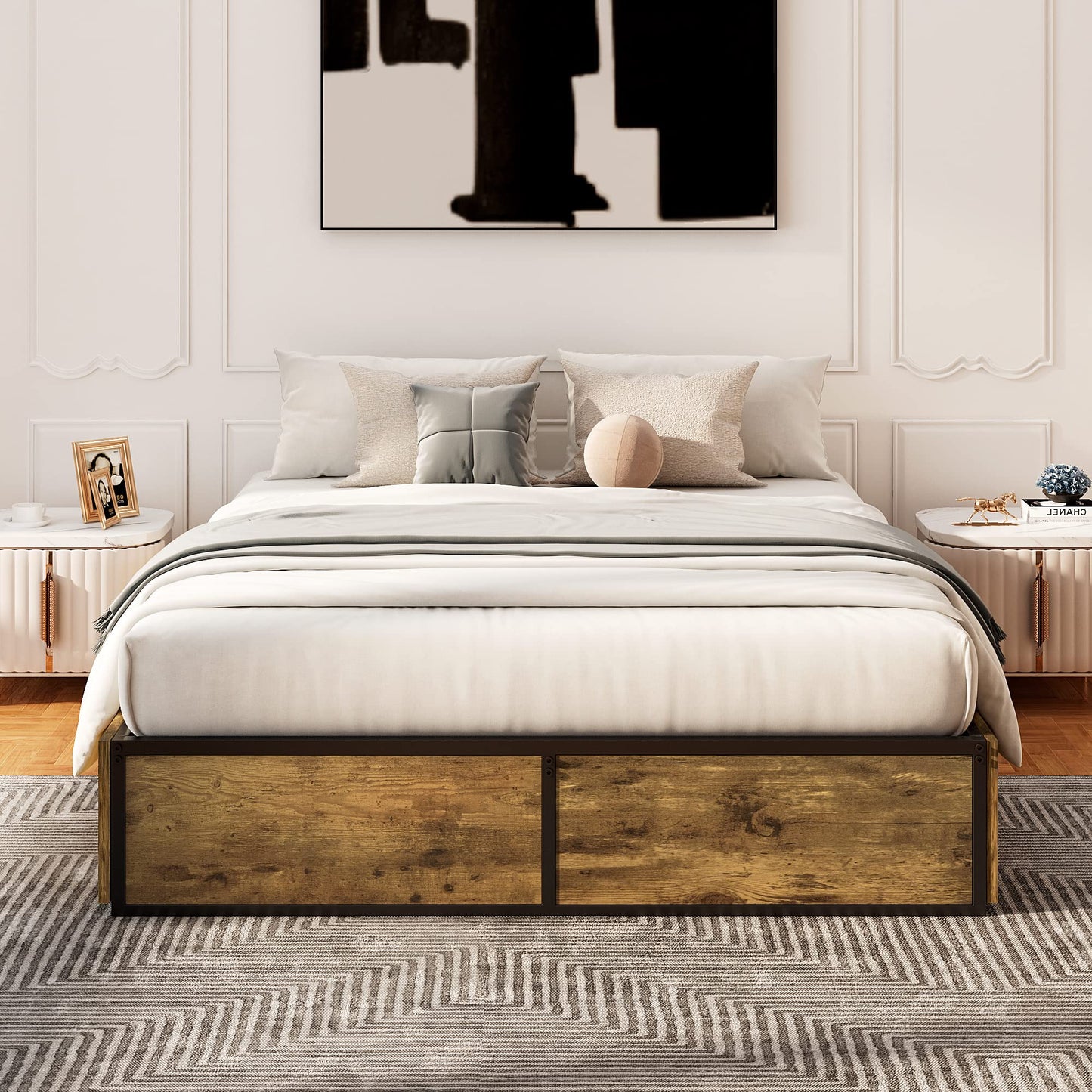 Allewie Industrial Storage Bed with Drawers, Wooden Metal Platform, Sturdy & Noise-Free, Modern Full Size for Bedroom & Apartment