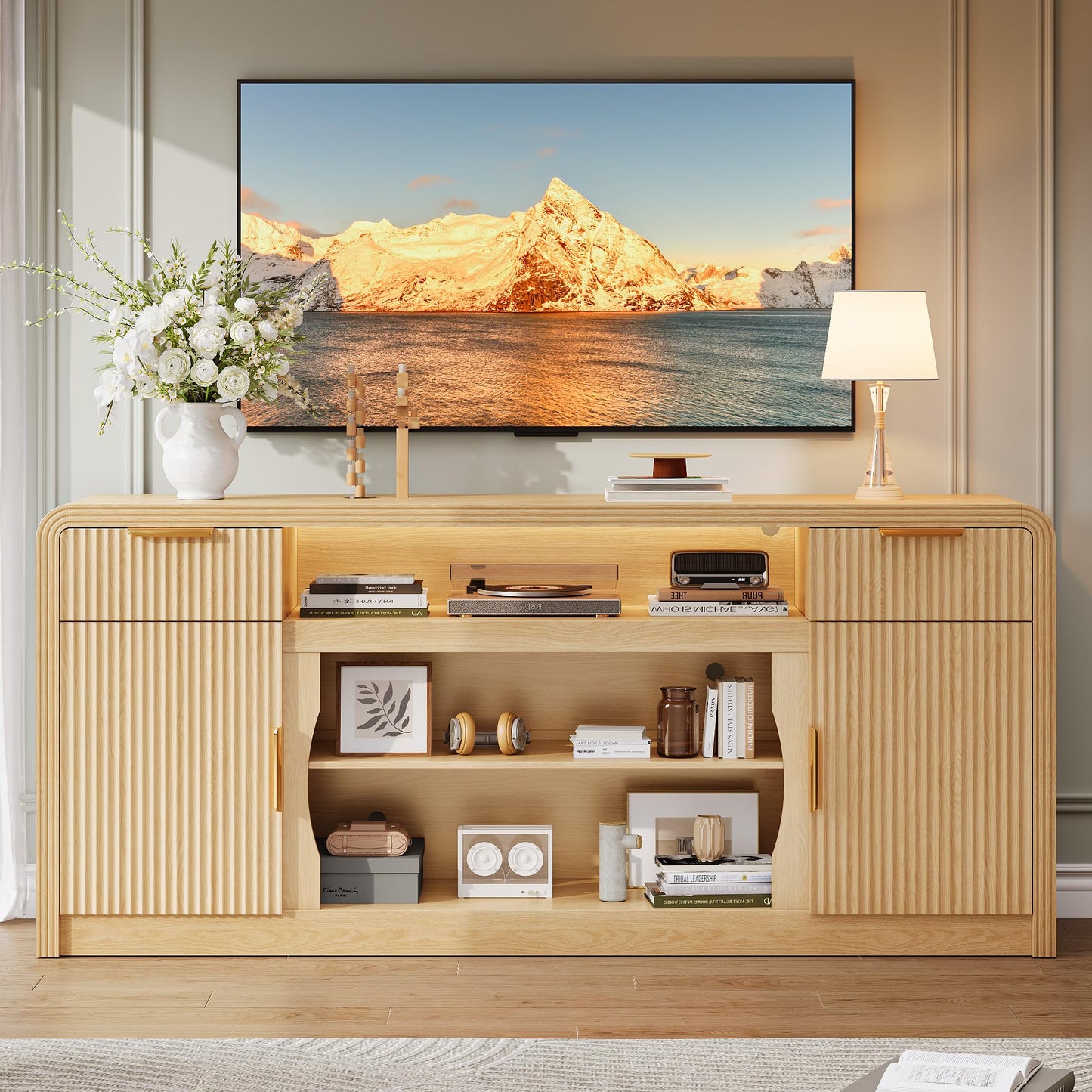 Decofy 70" Fluted TV Stand, Entertainment Center for 80" TVs, Mid Century Modern TV Console Cabinet with Wavy Grain Doors & Adjustable Shelves, Modern Media TV Console Table for Living Room (Oak)