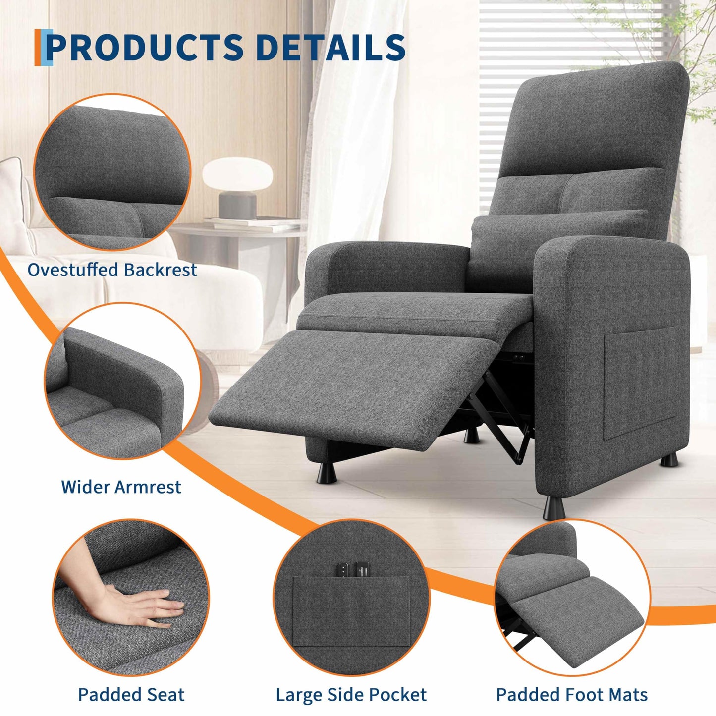 Garvee Power Recliner Chair, Adjustable Electric Recliner Ergonomic Overstuffed Single Sofa, Padded Seat, Side Pockets and USB Port, Home Theater Seating for Living Room