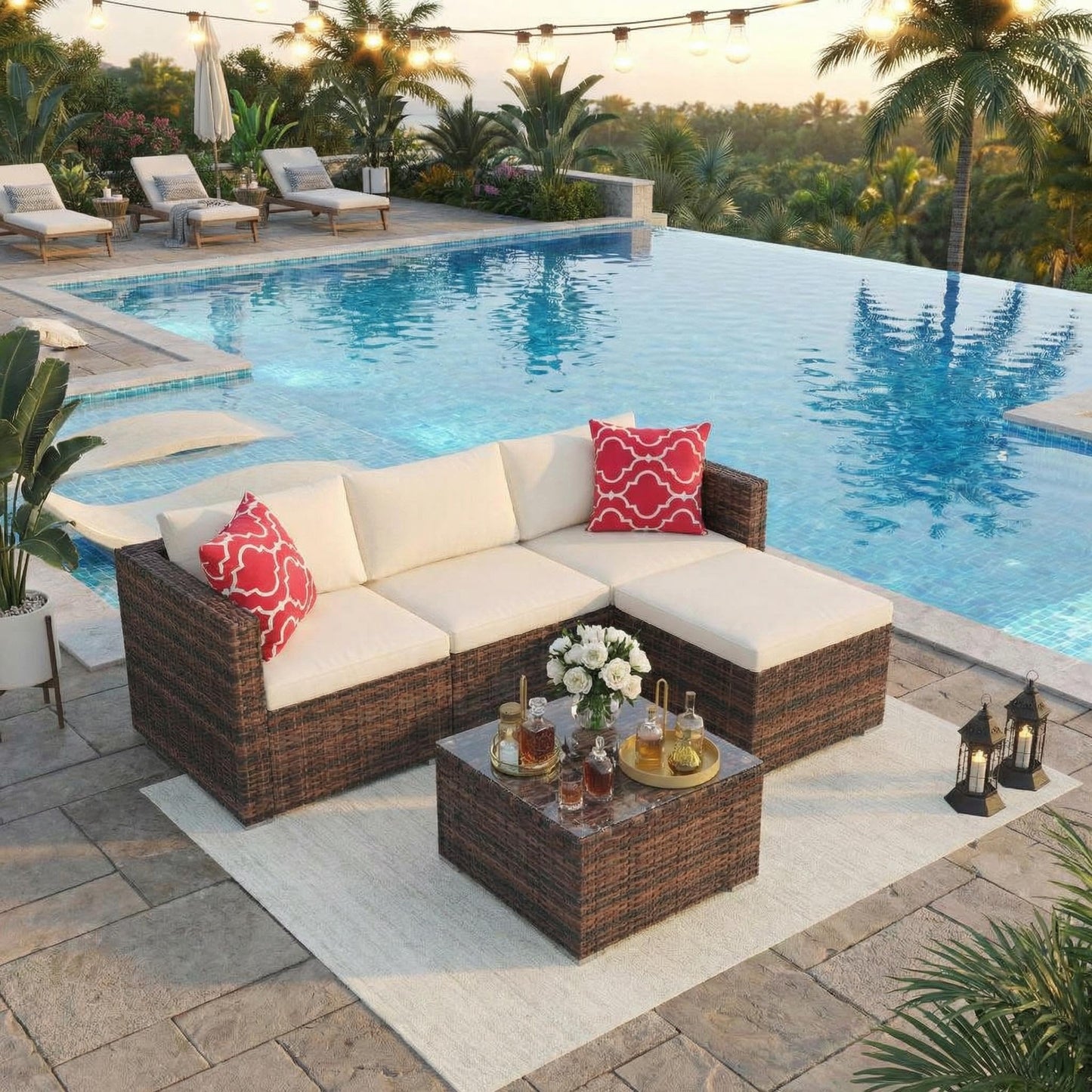 5-Piece Patio Sectional Sofa Set, All-Weather Brown PE Rattan Outdoor Conversation Furniture with Neutral-Tone Cushions, Glass Coffee Table & Footstool, Modular Design for Garden, Porch, Balcony, Pool