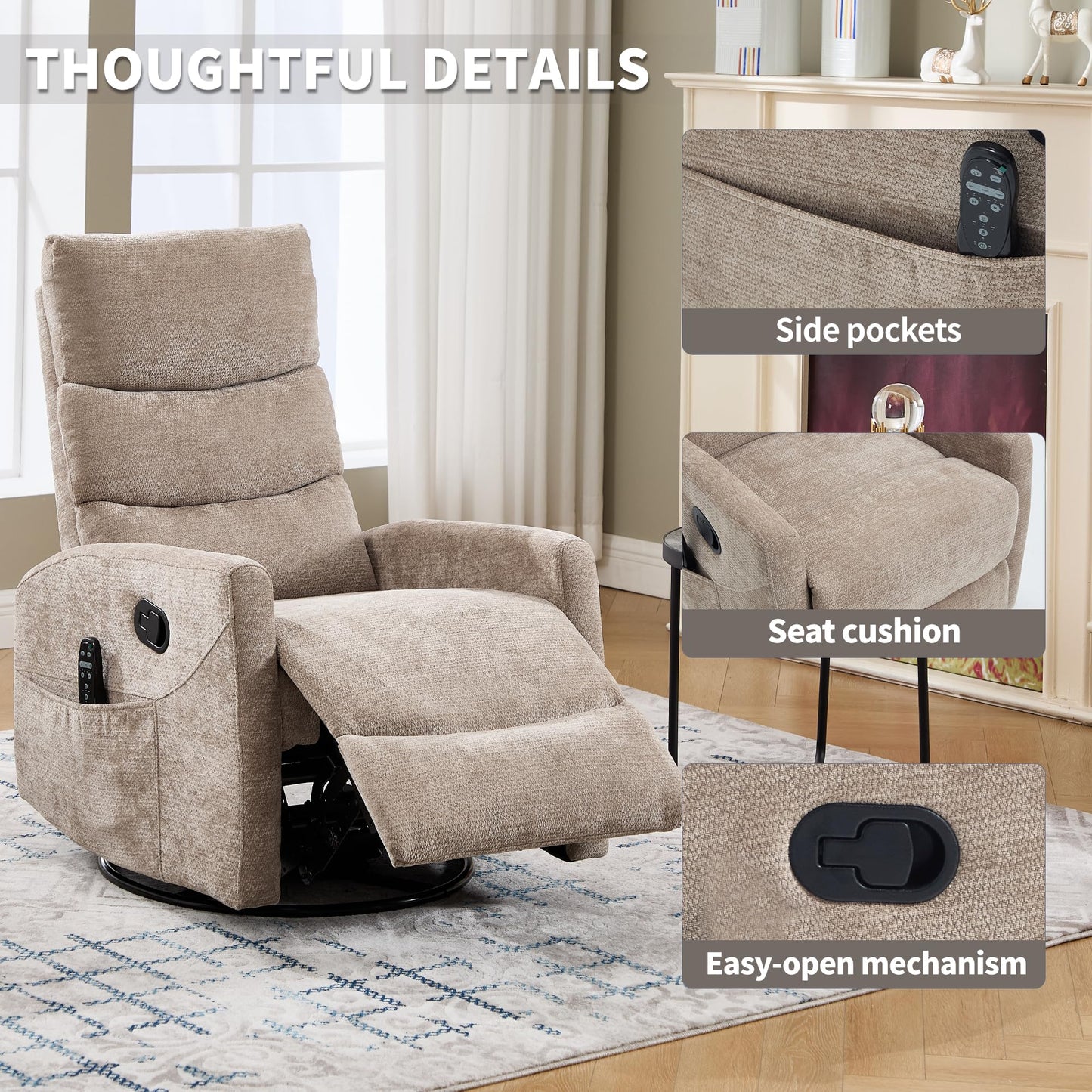 KEIKI Heat Massage Manual Recliner Chair, 360° Swivel Rocker with Lumbar Heat, Chenille Fabric Square Arms, Vibration Massage 8-Point Nodes, Heavy Duty Metal Base for Living Room Primary Space, Khaki