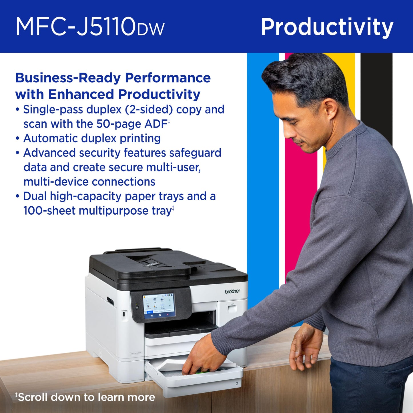 Brother INKvestment 5110 Wireless Color Inkjet All-in-One Printer with a 500-sheet Paper Tray Capacity and a 4.3” Color Touchscreen (MCF-J5110DW)