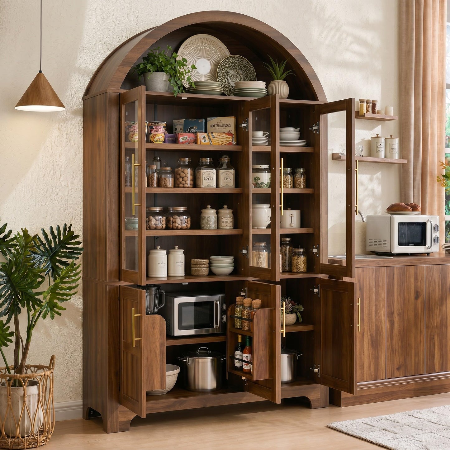 Merax 73" Tall Arched Kitchen Pantry Cabinet, Farmhouse Storage Cabinet with 3 Glass Doors, Adjustable Shelves & Door Racks, Tall Cupboard for Dining Room, Bathroom